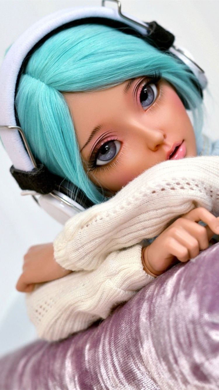 Blue Hair Girl, Doll, Headphones 750x1334 IPhone 8 7 6 6S