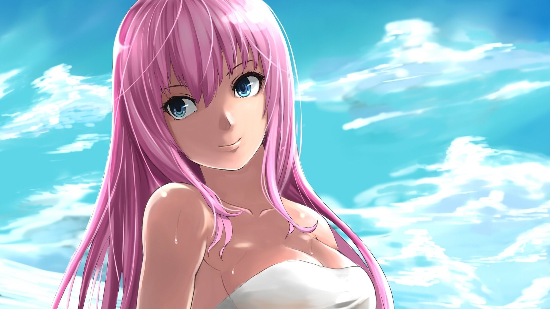 Wallpaper Anime girl smiling, pink hair, the blue sky and white