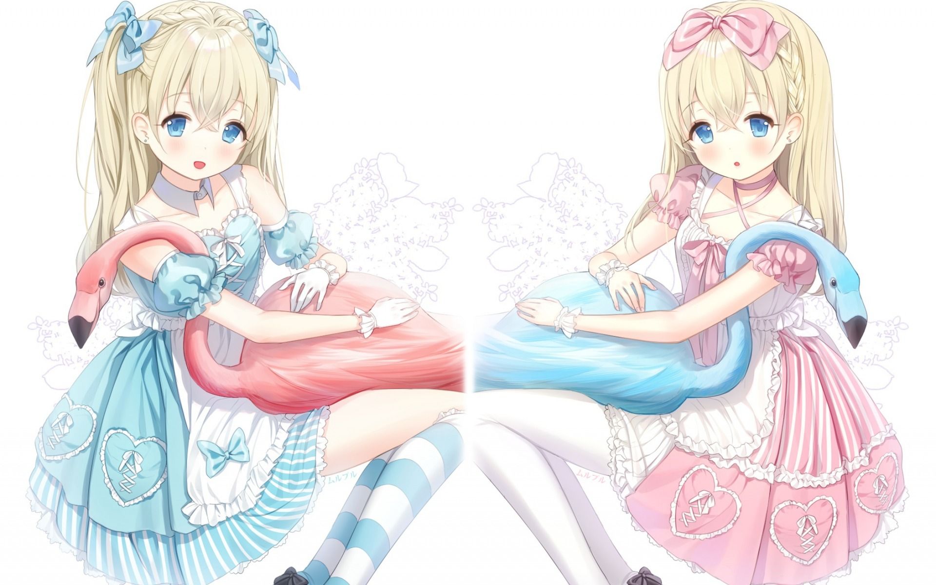 Download wallpaper Alice in Wonderland, Japanese anime, manga, twins, blue flamingos, pink flamingos for desktop with resolution 1920x1200. High Quality HD picture wallpaper
