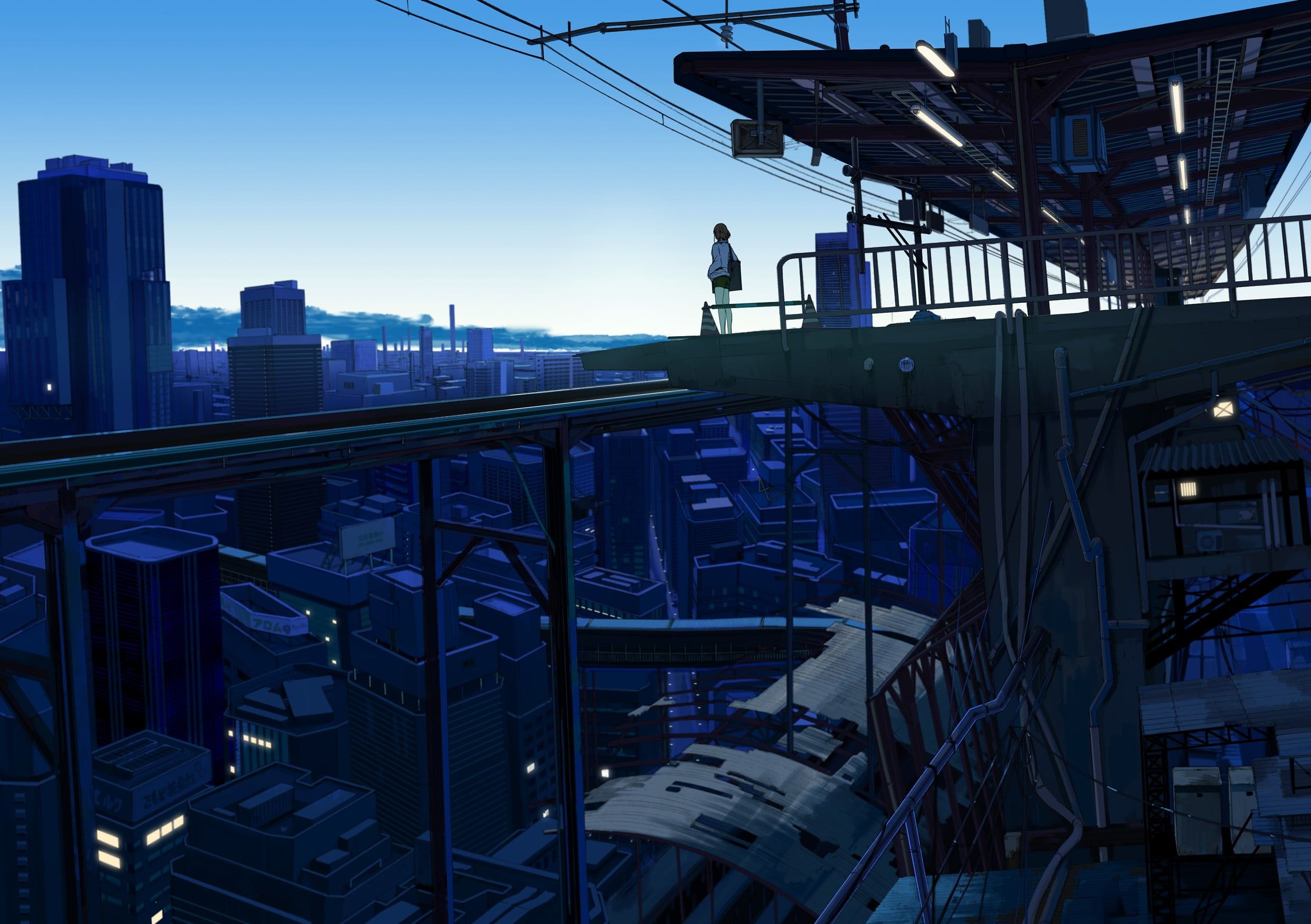 Girl standing on monorail platform anime illustration HD wallpaper