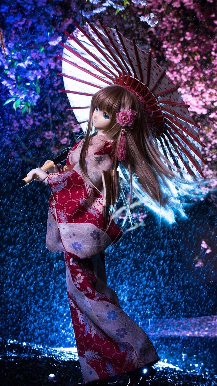 Beautiful Japanese girl, doll, umbrella, sakura, rain 750x1334