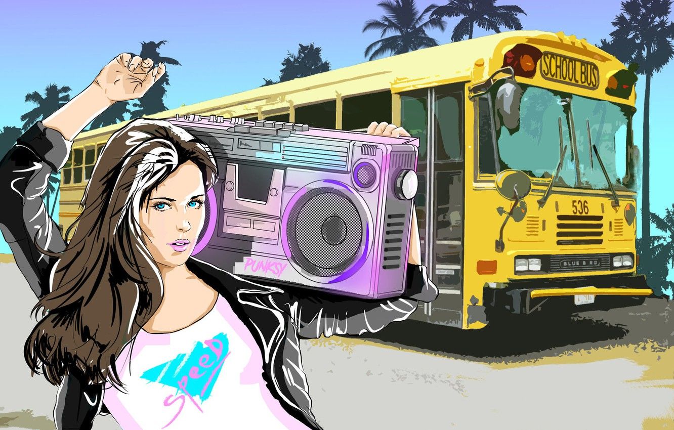 Wallpaper Girl, Music, Background, Bus, 80s, Tape, Illustration, Vacation, 80's, Synth, Retrowave, Synthwave, New