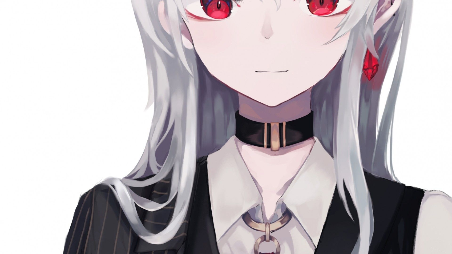Anime Girl, Suit, Red Eyes, Heart, White Hair, Choker