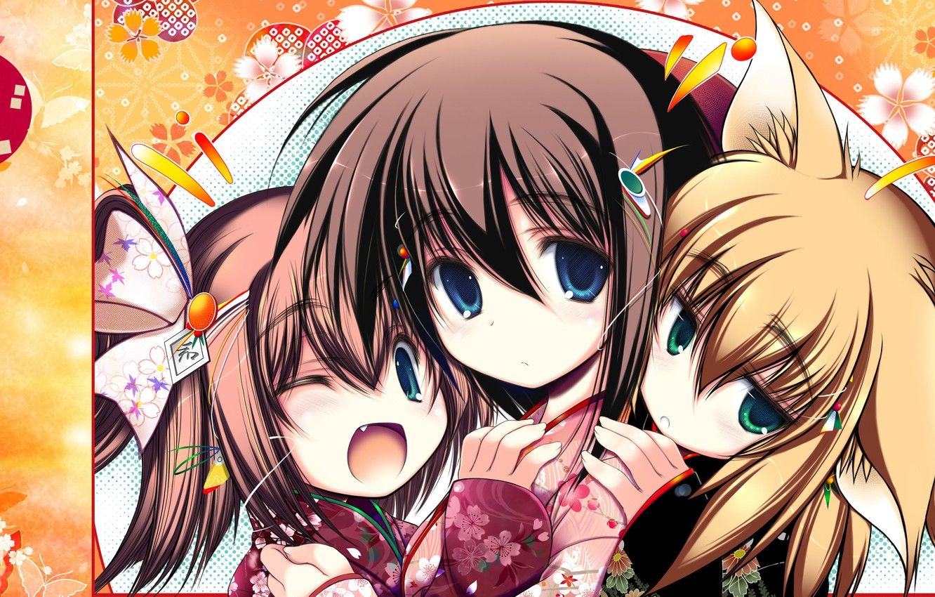Wallpaper ears, three, nothing, Yori Duo, Children, big eyes