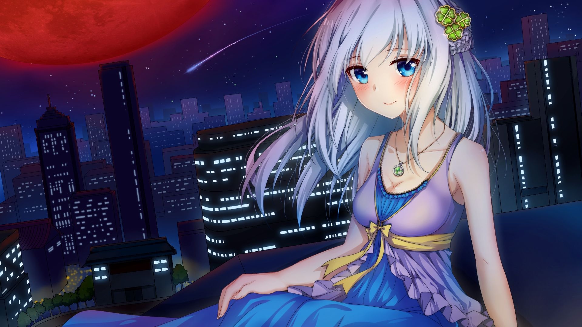 Download 1920x1080 Anime Girl, Dress, Akatsuki, Red Moon, Cityscape, Smiling, White Hair, Cute Wallpaper for Widescreen