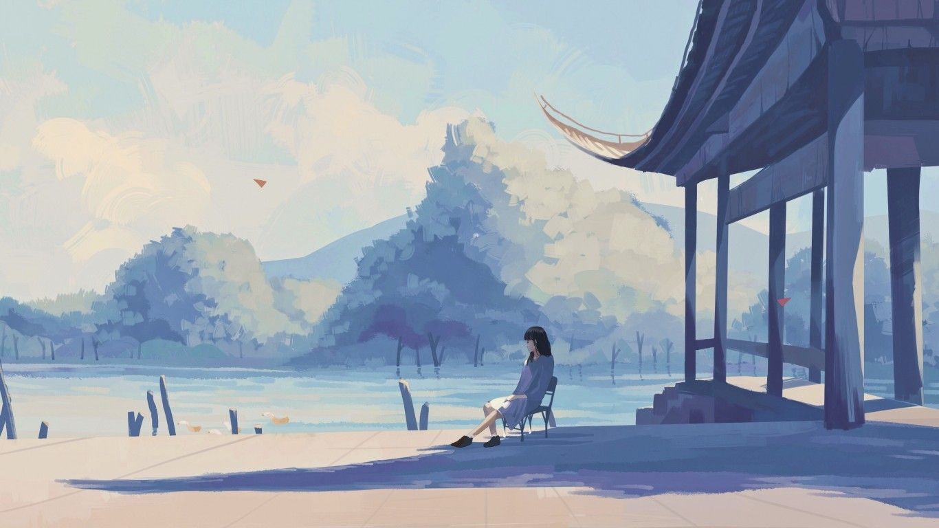Download 1366x768 Lonely Anime Girl, Lake, Pastel Colors, Shadow