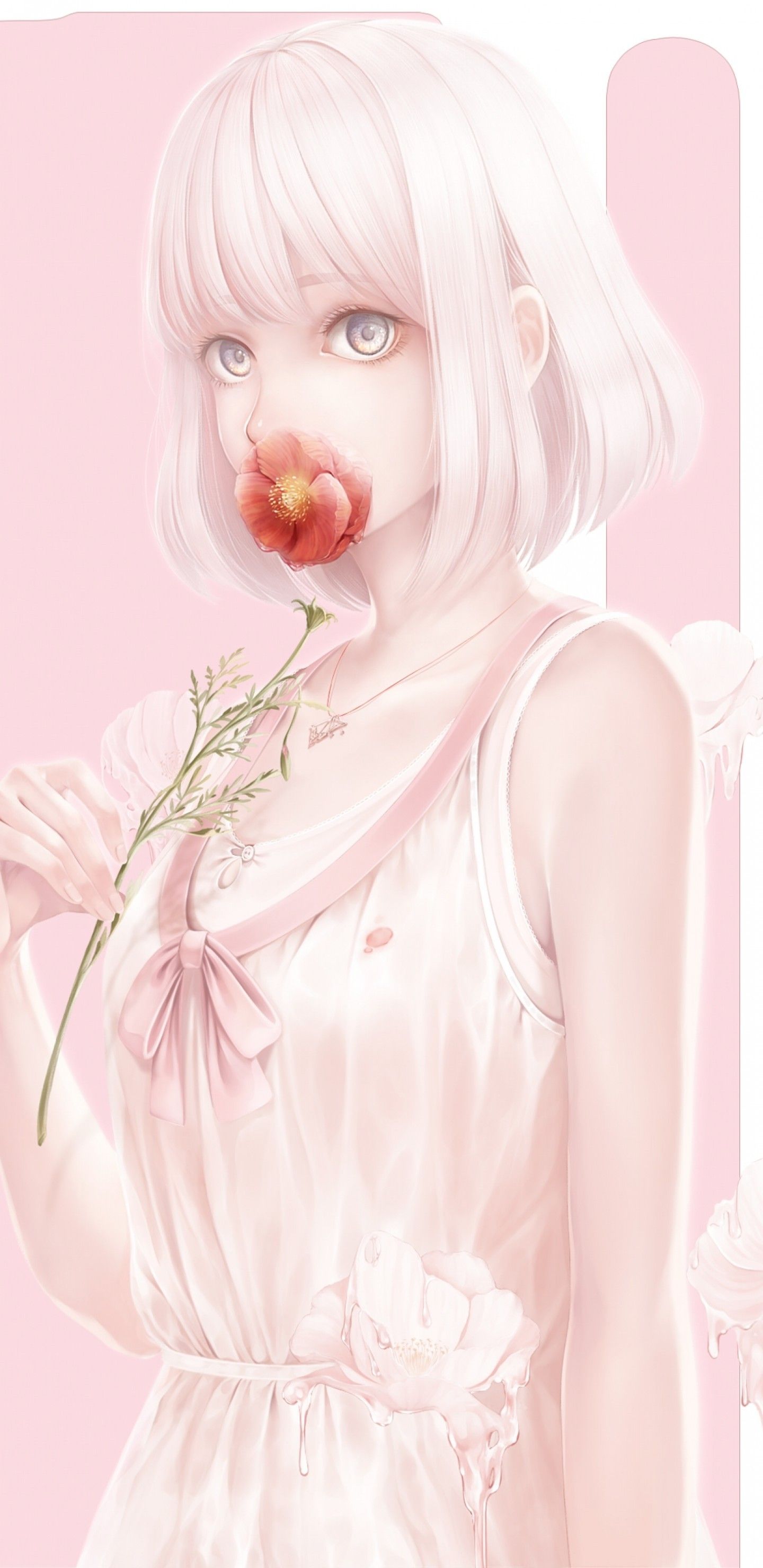 Download 1440x2960 Anime Girl, Pastel Colors, Flower, Short Hair