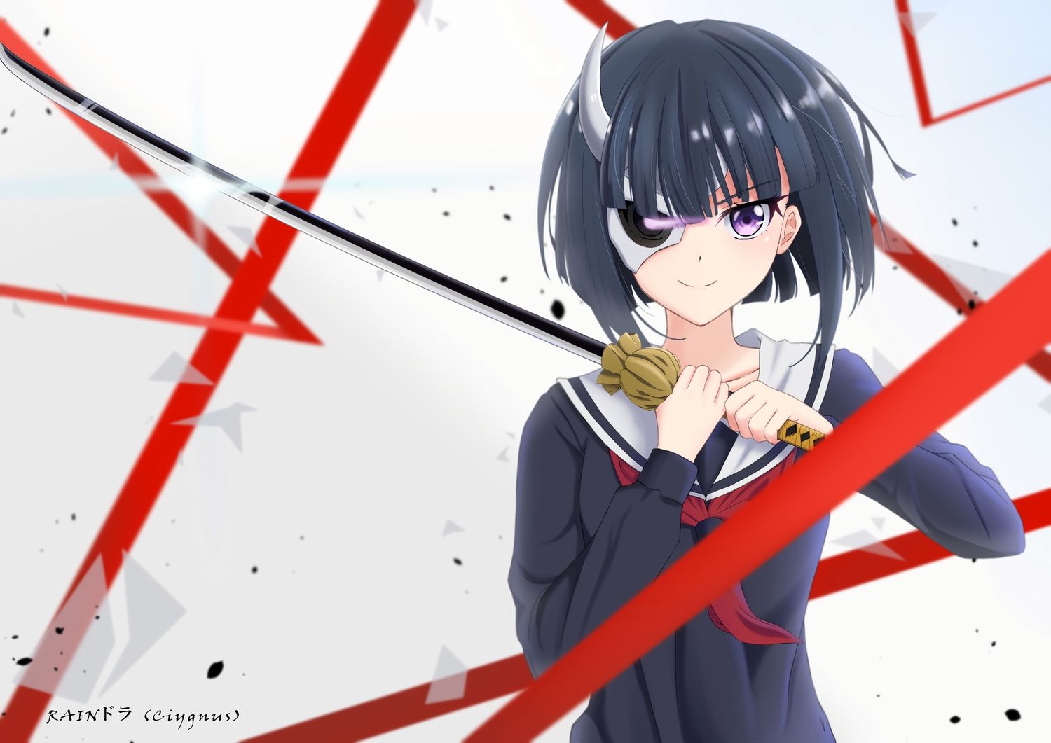 black hair busou shoujo machiavellism onigawara rin purple eyes