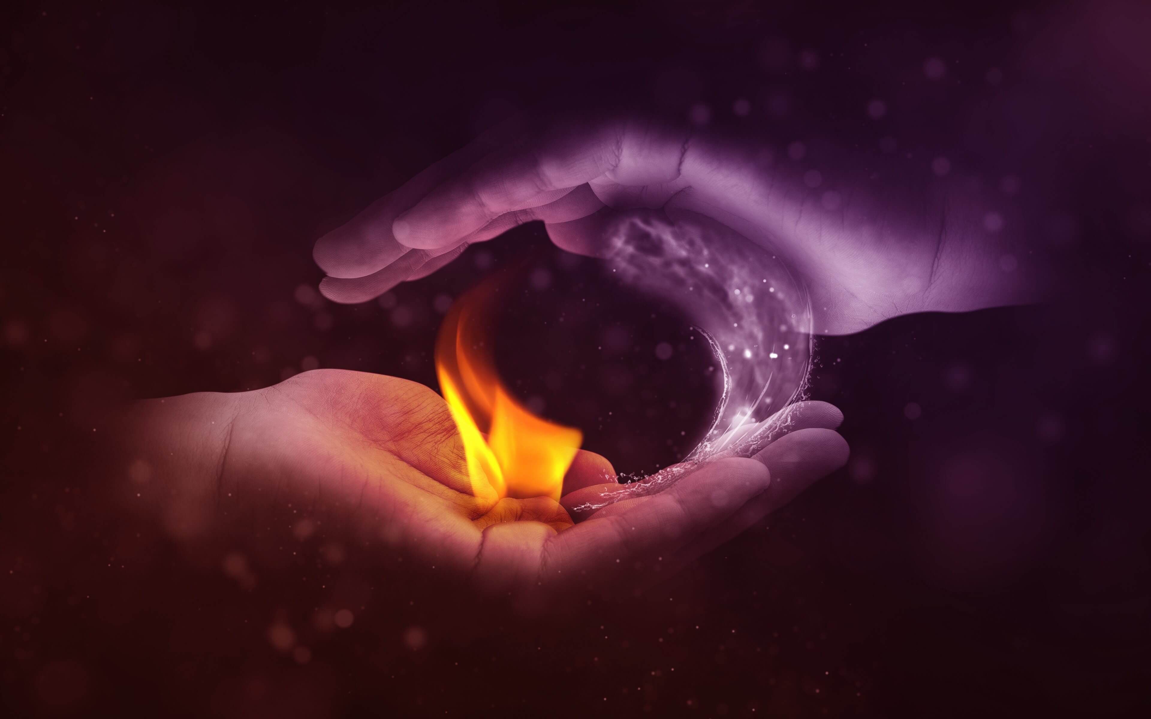 Download wallpaper 4k, Water and Fire, hands, water fire frame