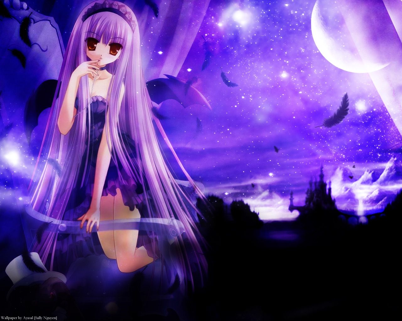 anime girl with purple hair on a seing
