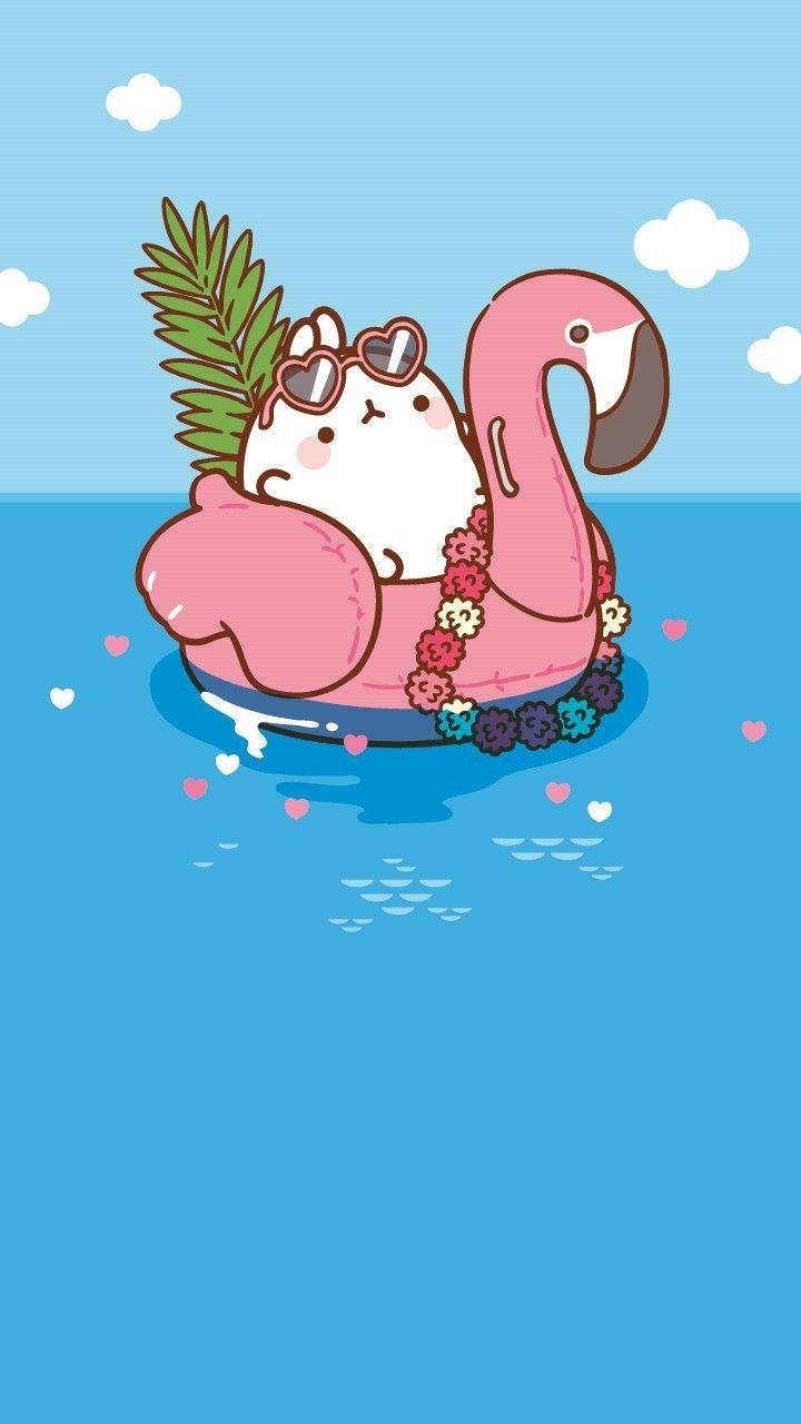 Meow! This is the perfect summer picture of Molang. I know I would love to be on the water, floating. Cute cartoon wallpaper, Cute wallpaper, Cute doodles