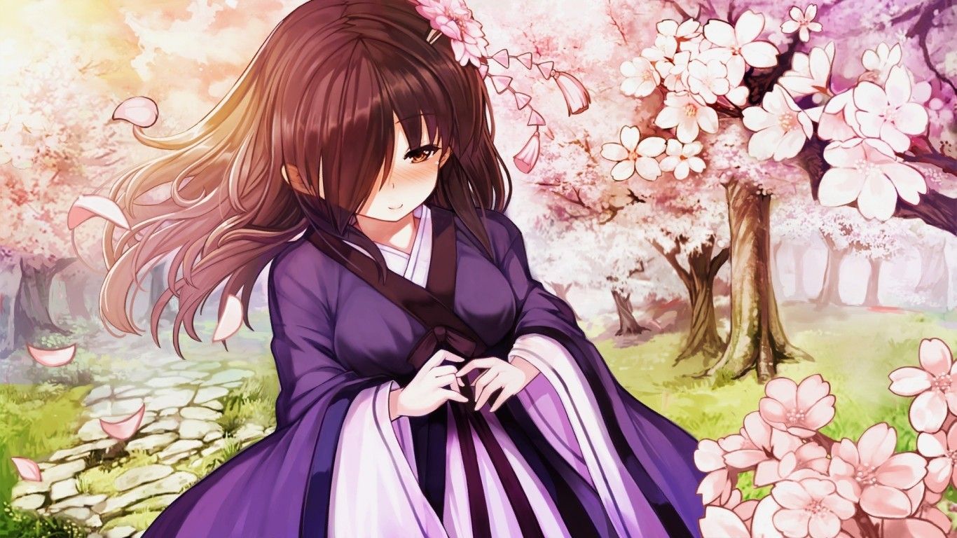 Download 1366x768 Anime Girl, Brown Hair, Kimono, Sakura Blossom