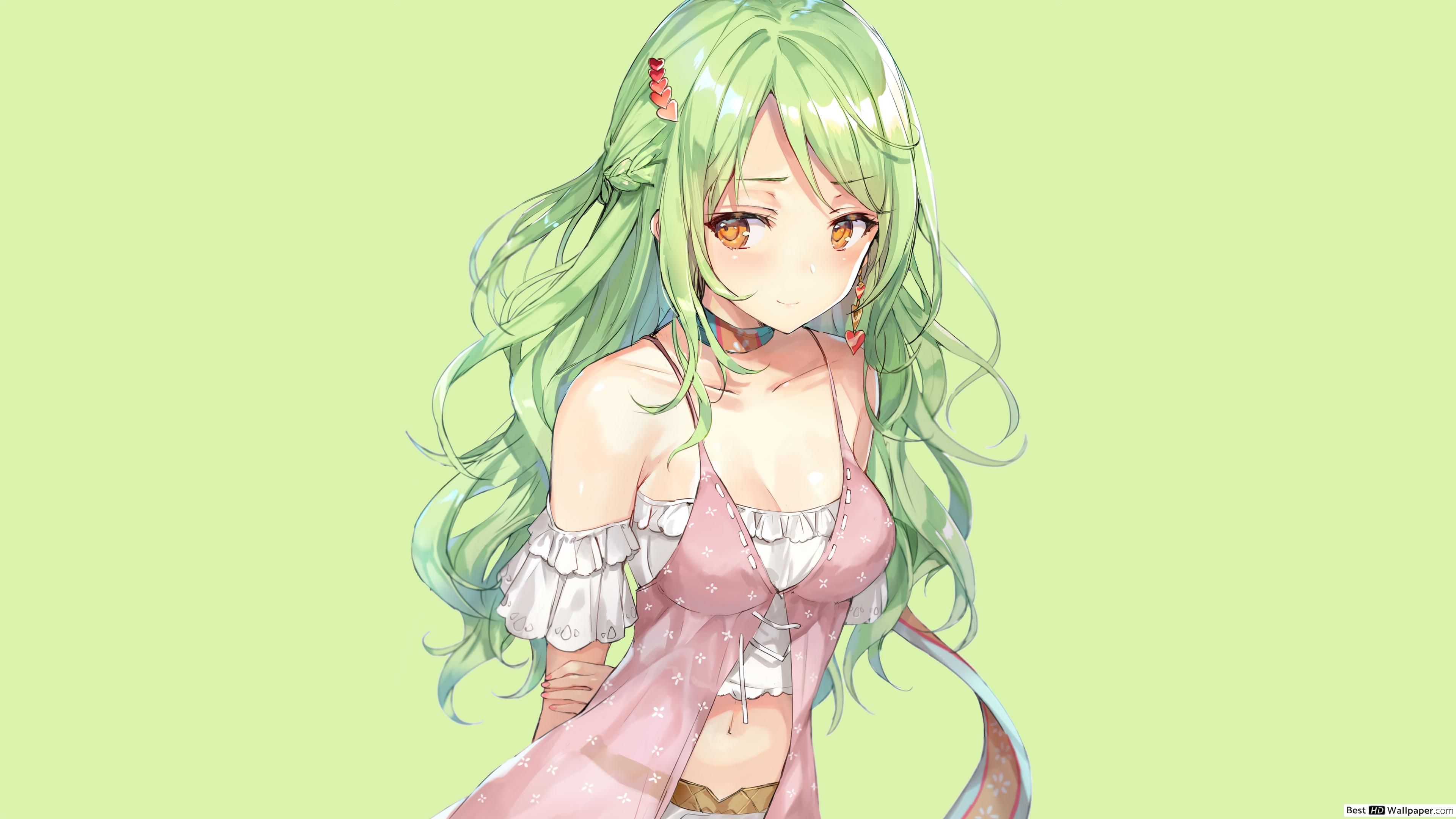 Shy green haired anime girl HD wallpaper download