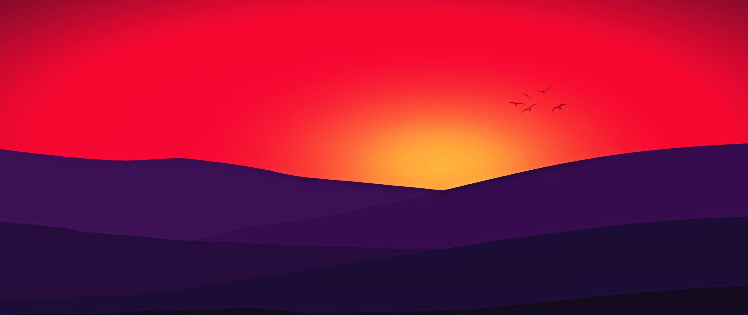 Minimal Sunset, Purple Mountains And Birds 2560x1080