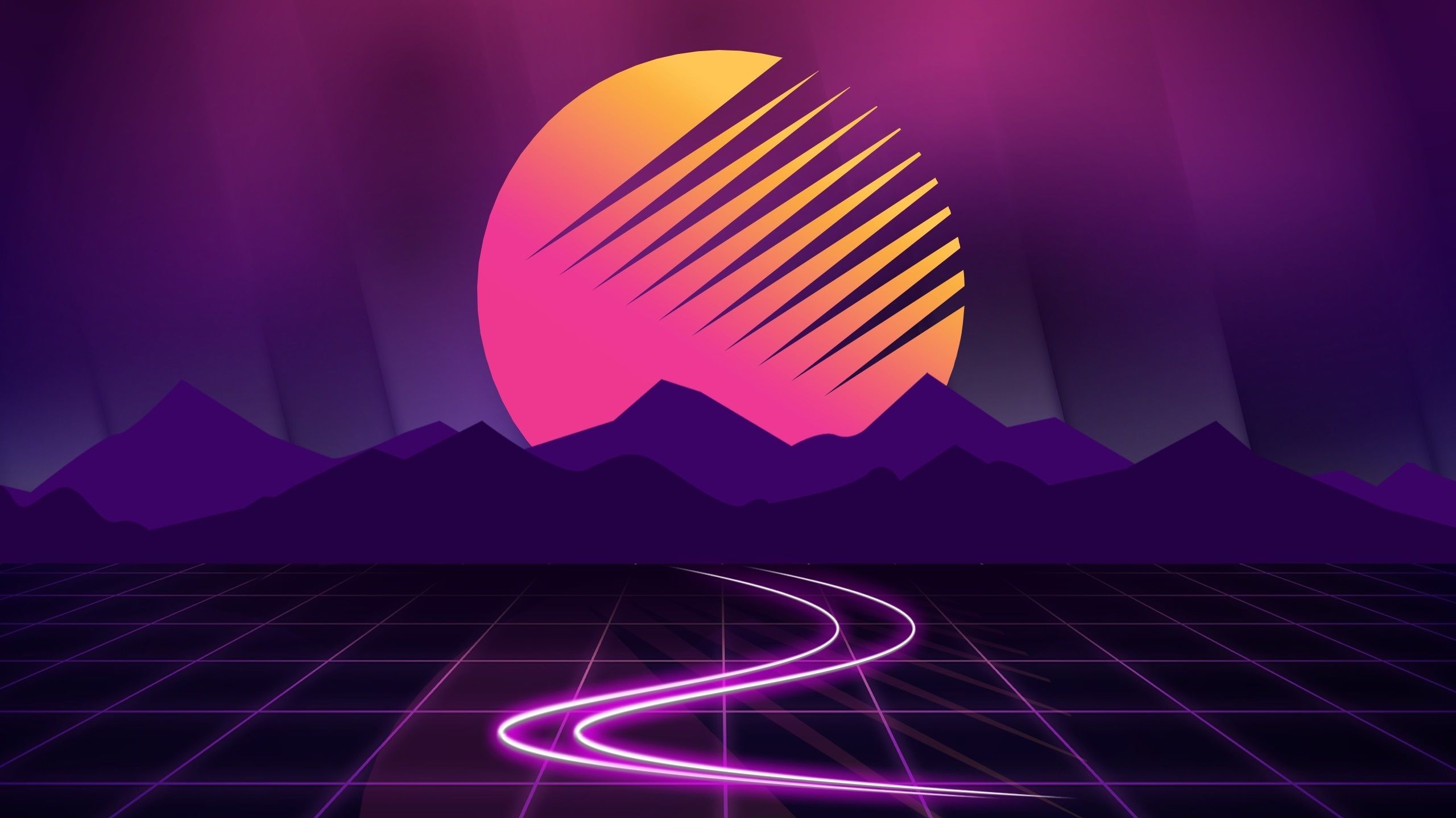 Download 2560x1600 wallpaper neon, cyberwave, purple, mountains