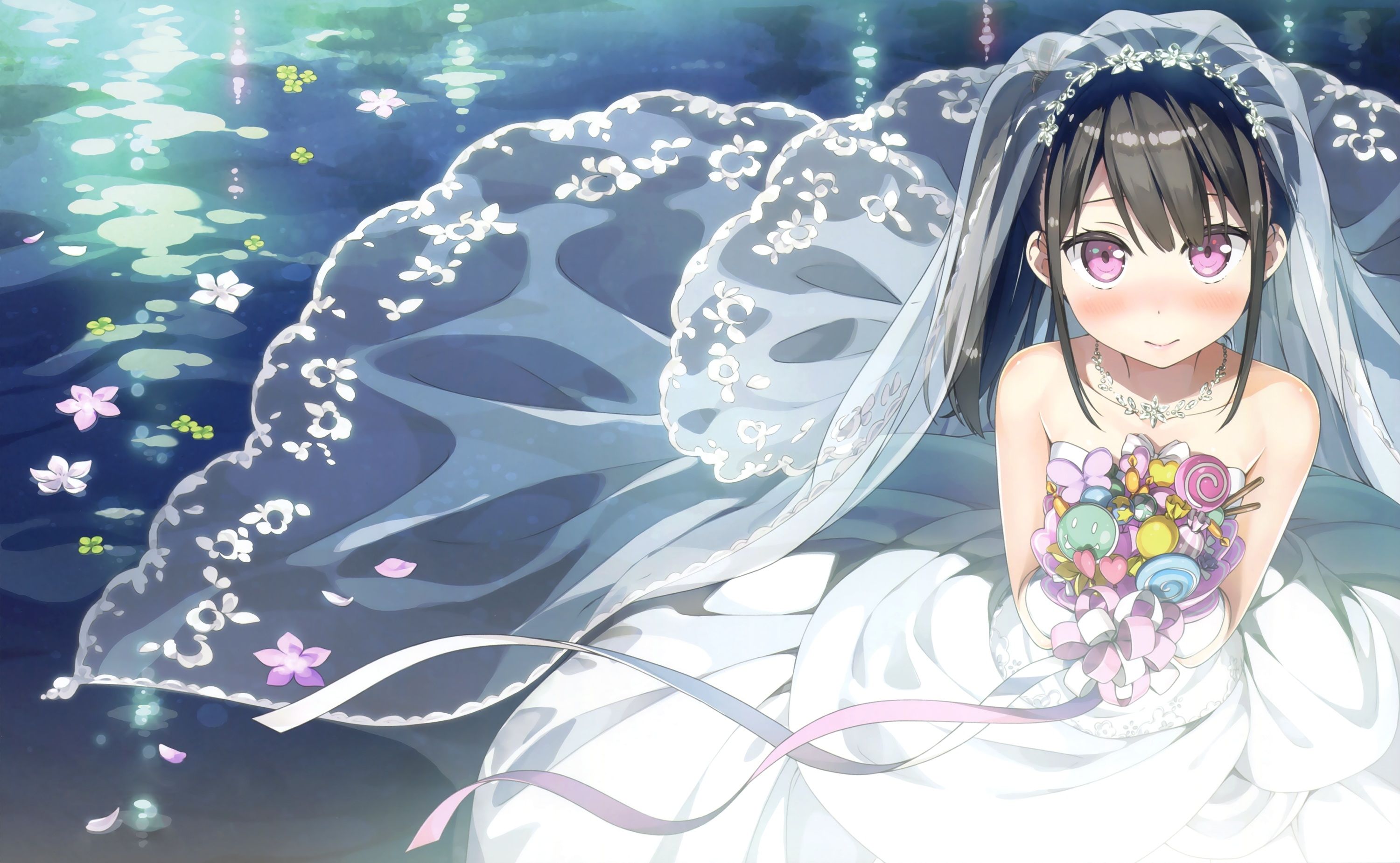 Wallpaper bride, flowers, wedding dress, black hair, anime girl