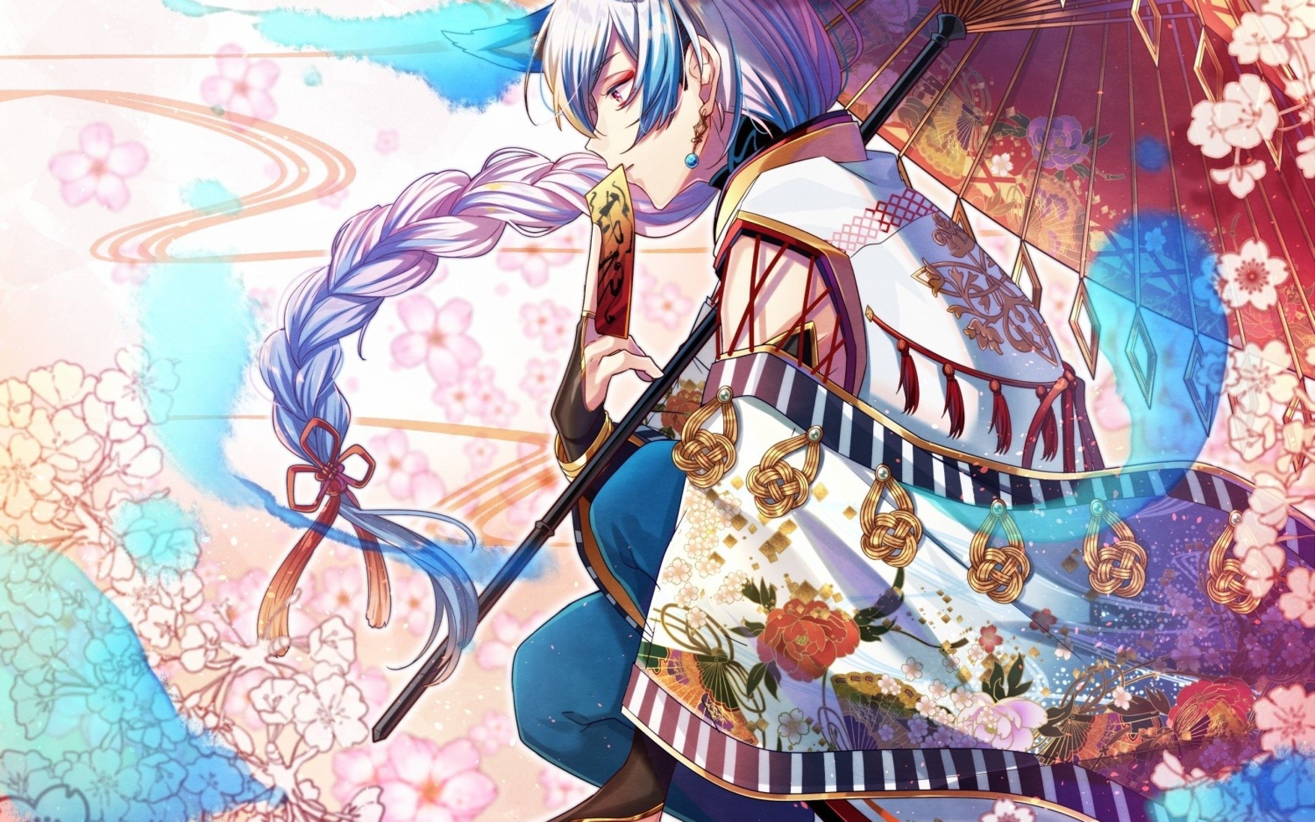 Download 2560x1600 Anime Boy, Shoujo, Sakura Blossom, Umbrella