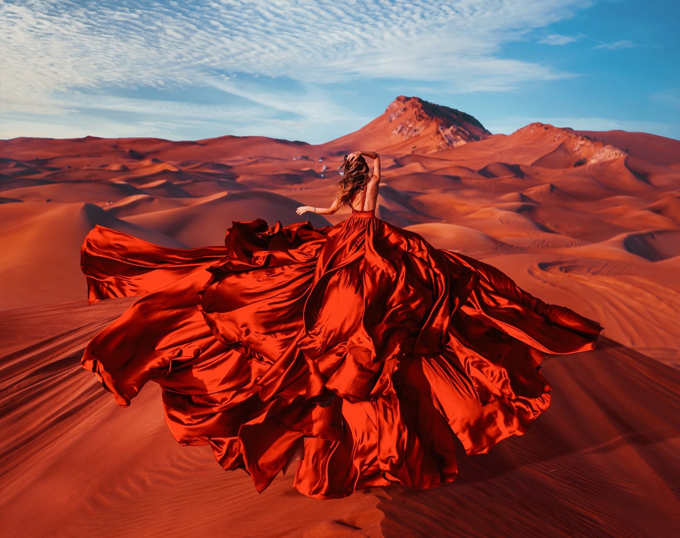 Women Rear Girl Desert Dune Red Dress Sand Redhead Woman HD