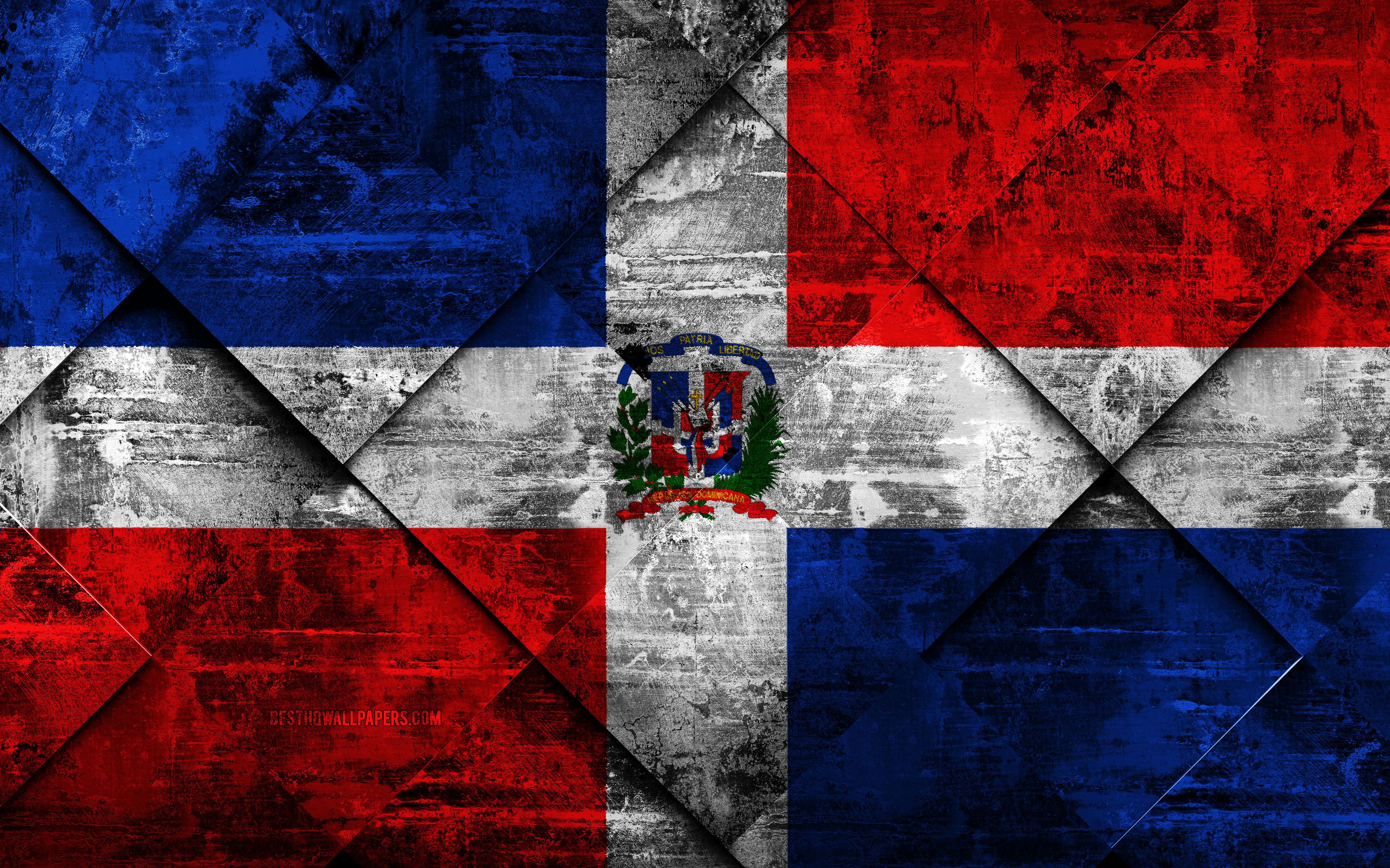 Flag Of Dominican Republic, 4k, Grunge Art, Rhombus