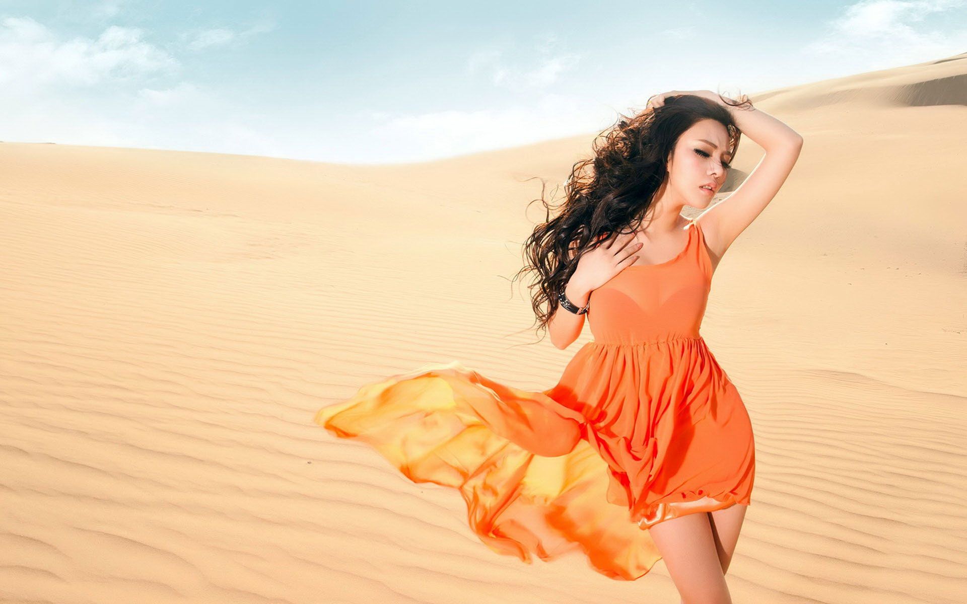 Girl in Orange Dress and Nice Pose, Dress is Flying and Dancing