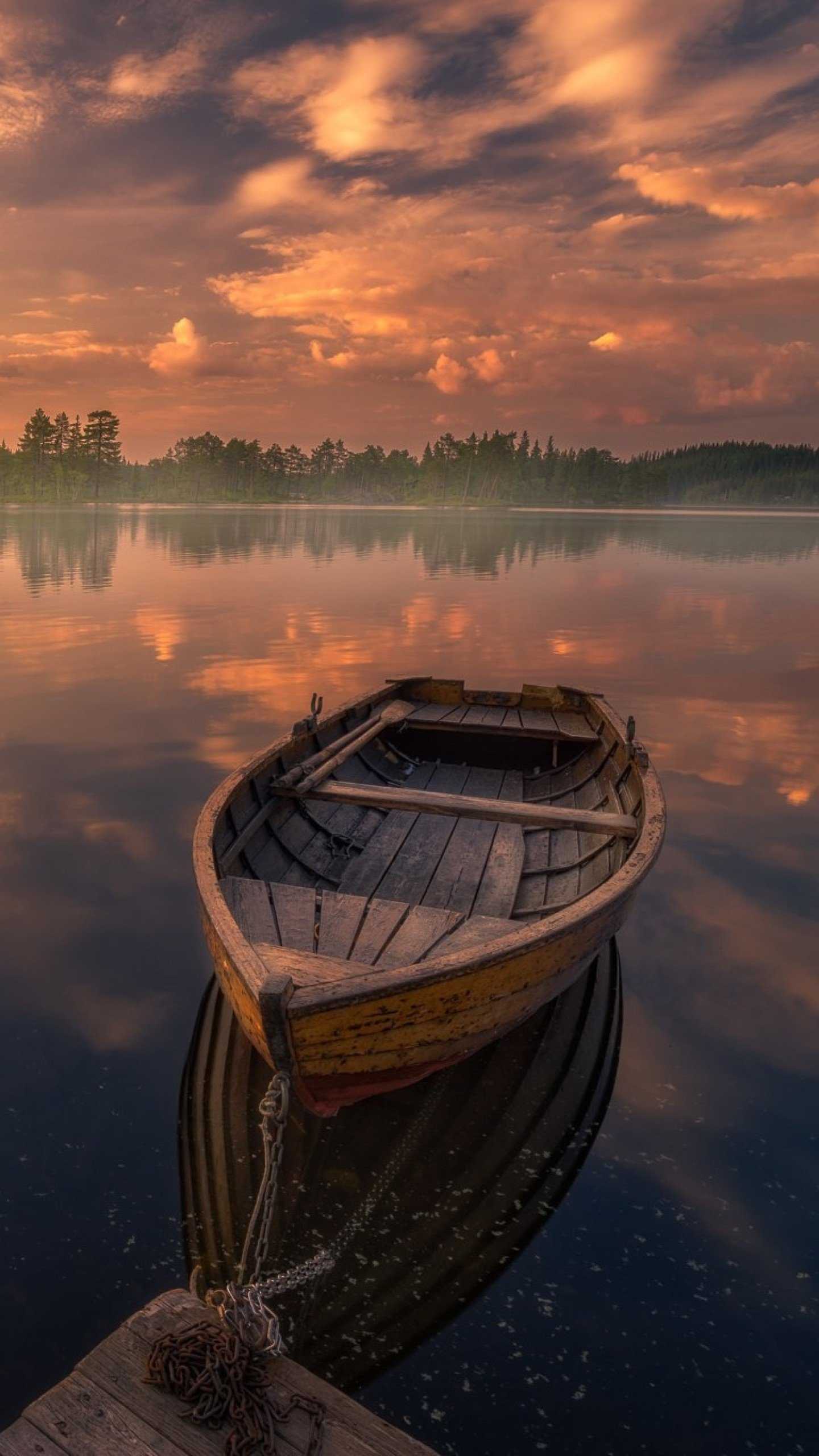 Boat in Silent Lake Nature Sunset HD Wallpaper (1440x2560)