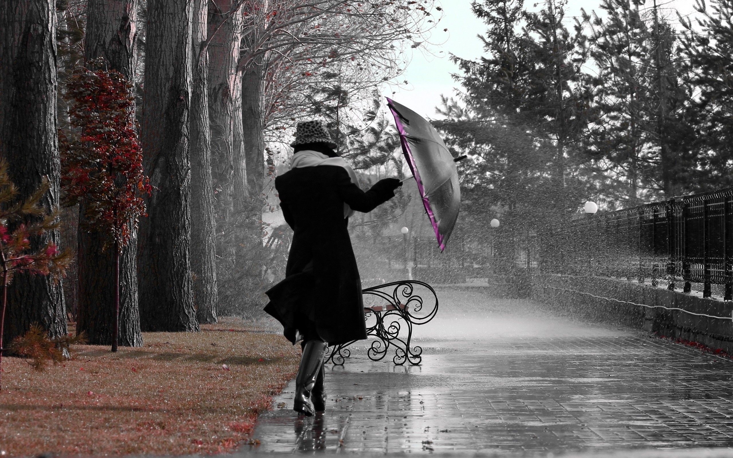 Storm rain drops umbrella women autumn mood wallpaperx1600