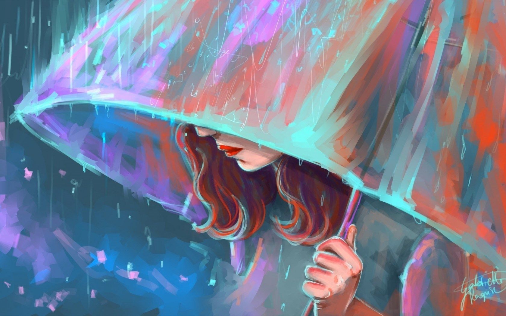 Art Umbrella Rain Girl Wallpaper