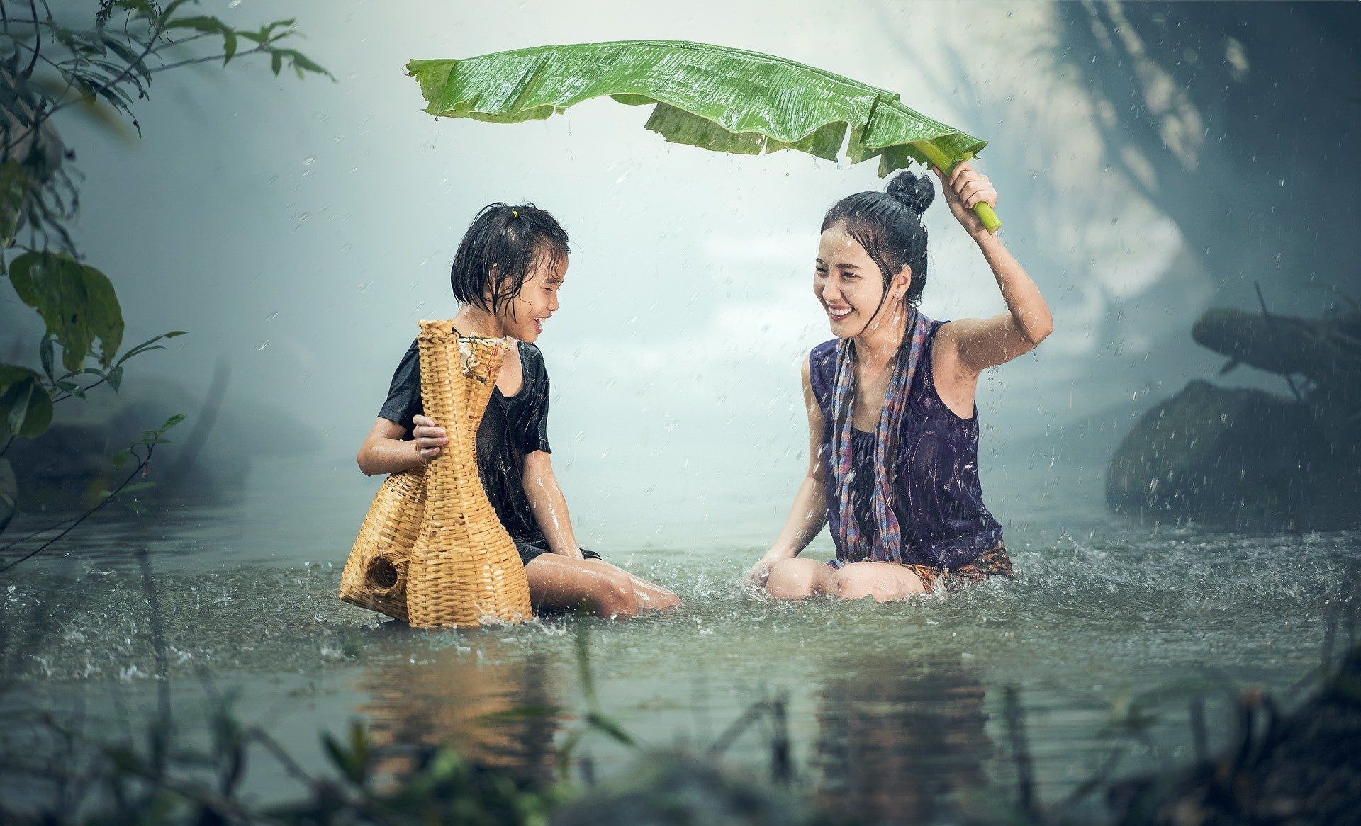 Woman And Young Girl Siting in Rain [1920×1166]