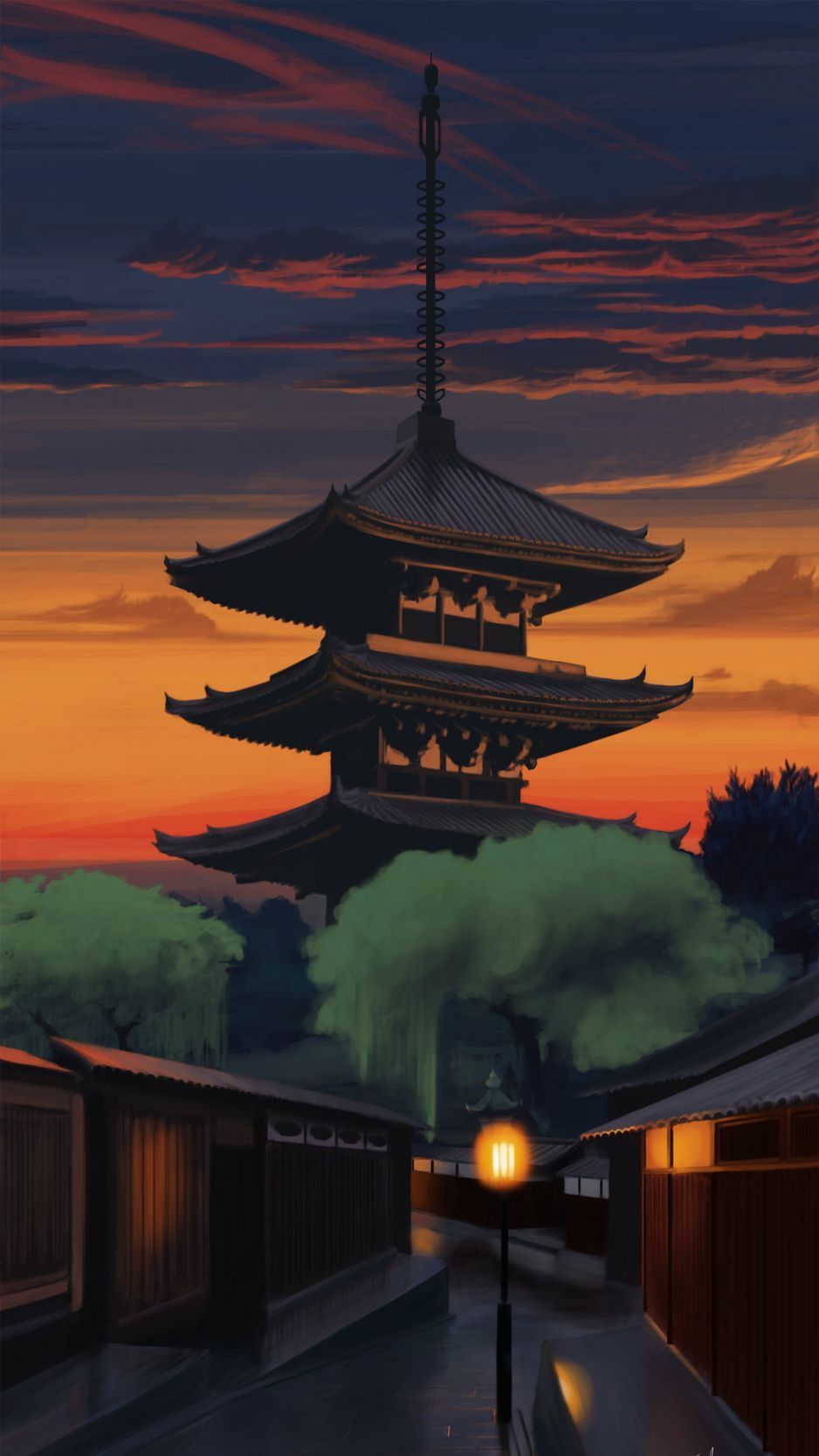 Download wallpaper 938x1668 pagoda, temple, building, dusk, art