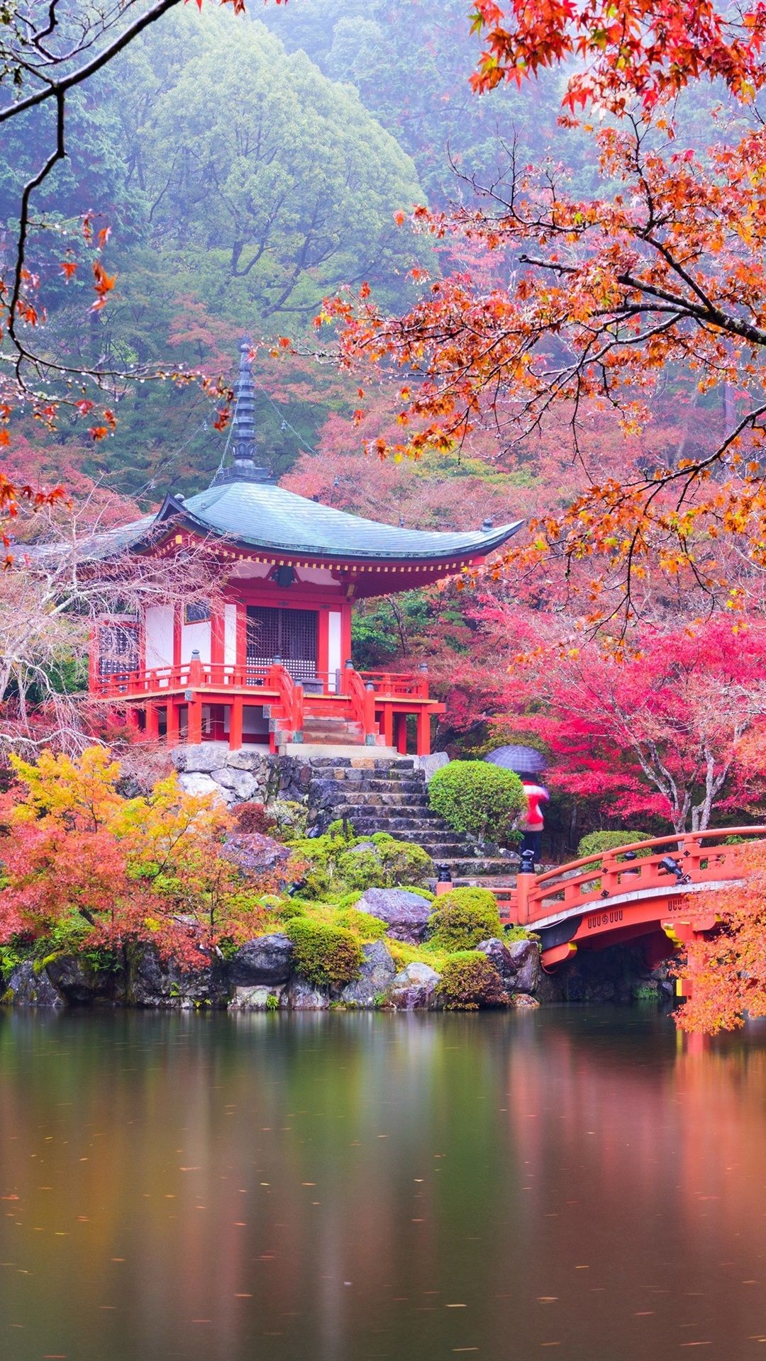 Wallpaper Japan, Kyoto, park, pagoda, colorful leaves, trees, pond