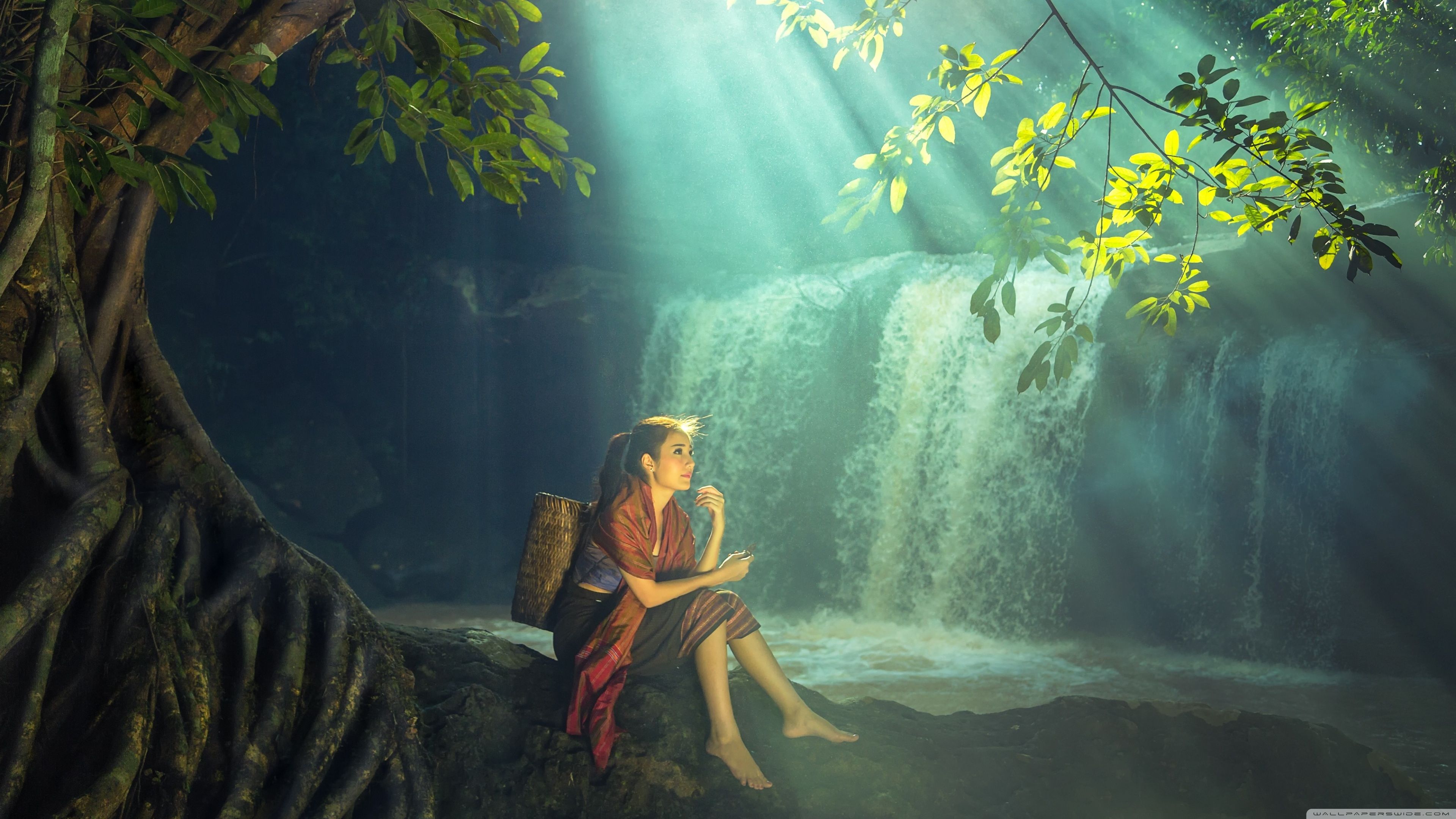 Beautiful Asian Girl, Rainforest, Waterfall Ultra HD Desktop