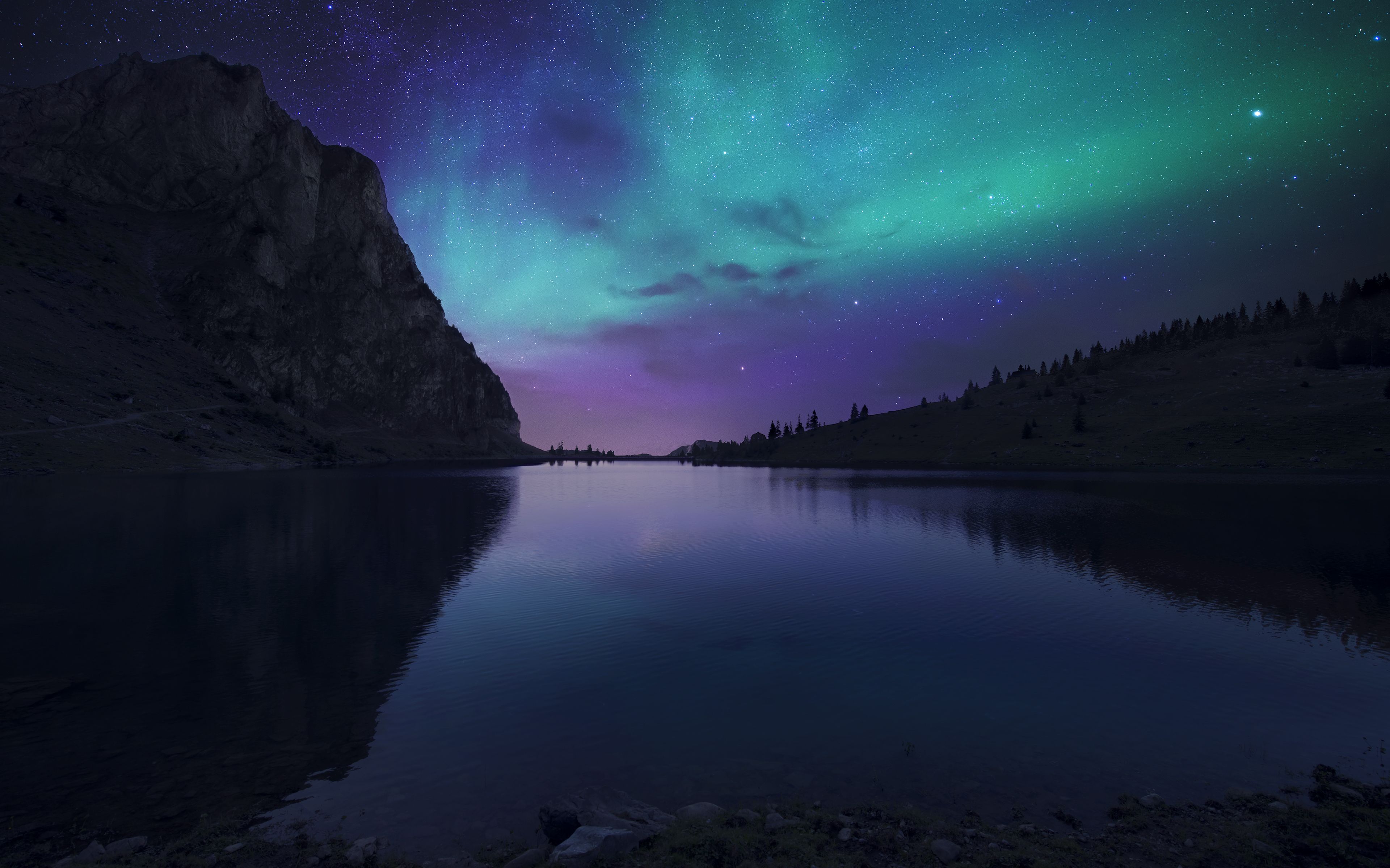 Wallpaper Aurora sky, Lake, Bannalpsee, Nightfall, HD, 4K, Nature
