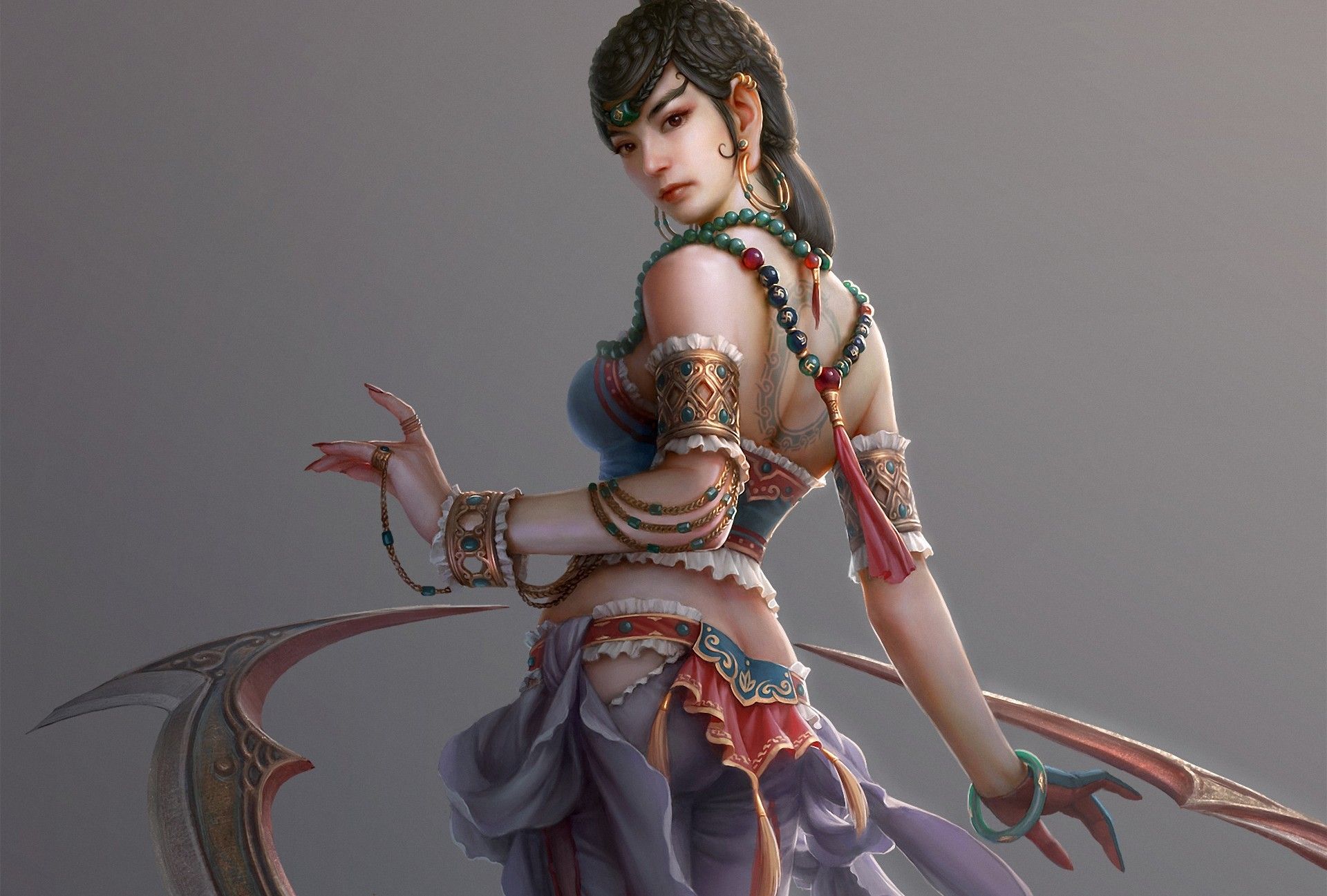 Fantasy art women tattoo asian oriental cg digital art weapons