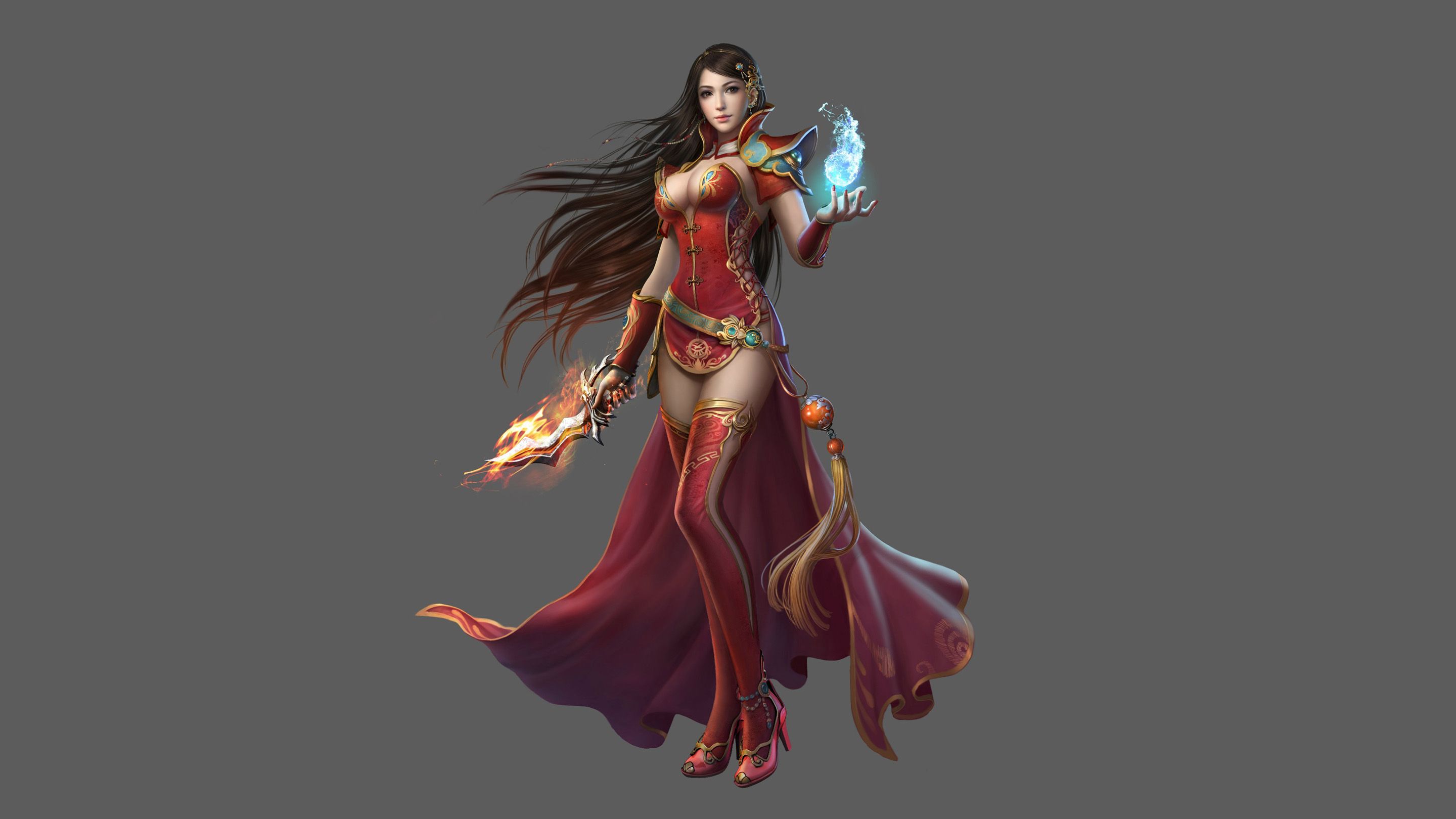 Asian Girl with Red Clothes Long Black Hair Sword Fantasy Art