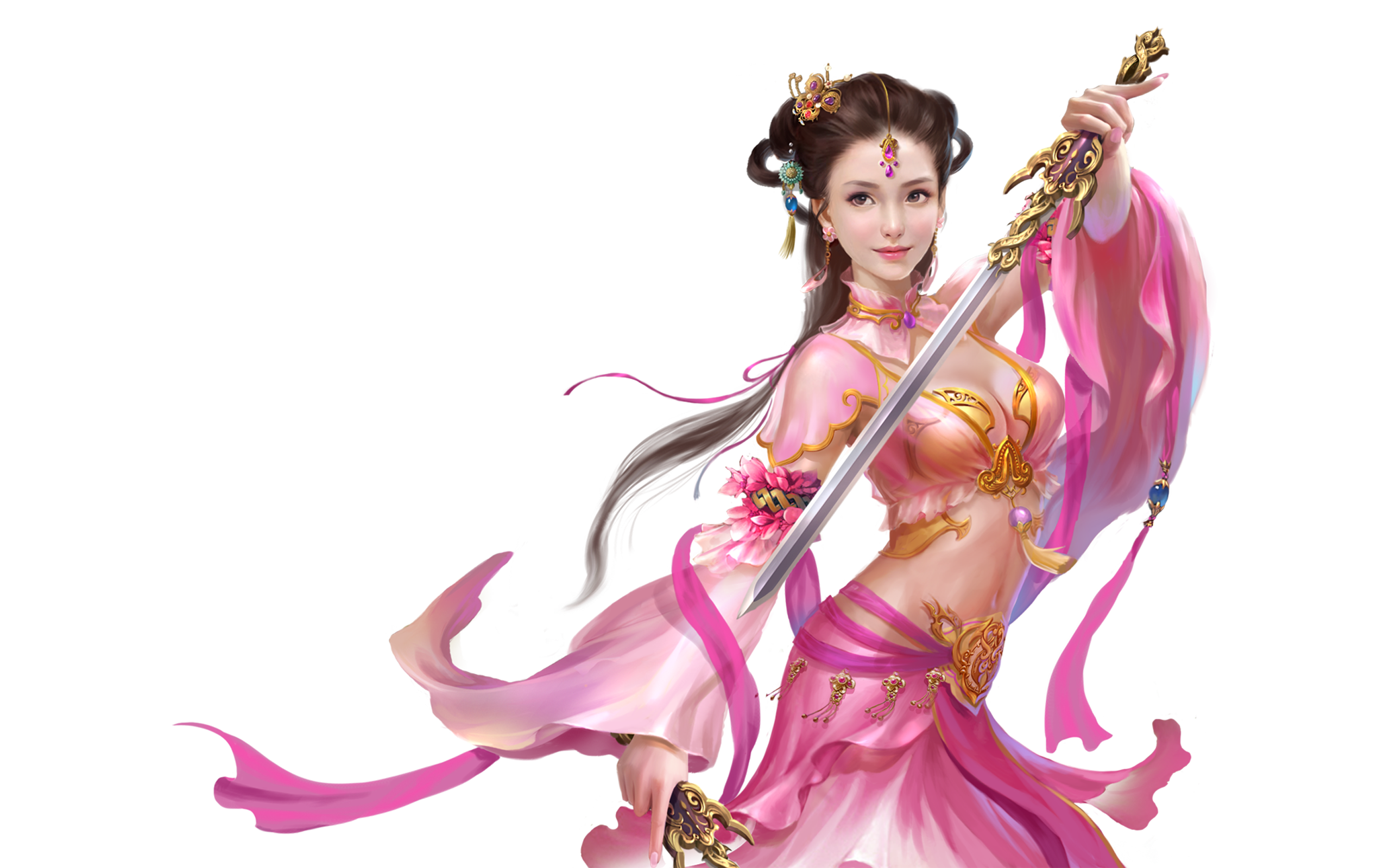 Beautiful Girl Pink Silk Clothes Jewelry Sword In Hand Asia