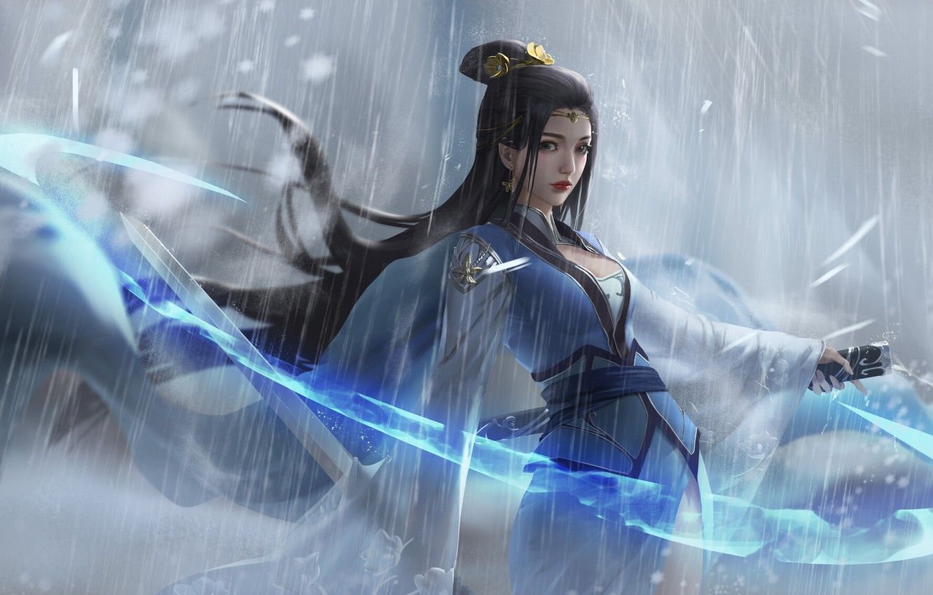 Photo Wallpaper Girl, Rain, Asian, Girl, Sword, Dress