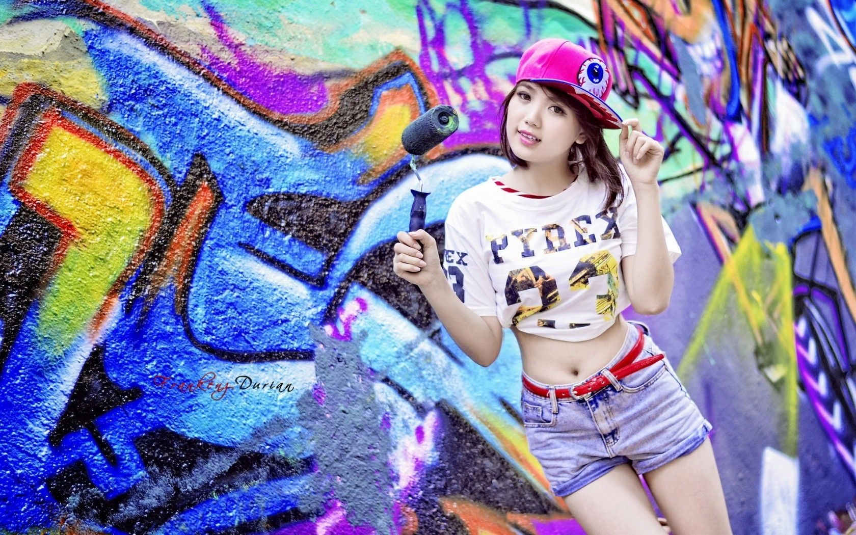 women, graffiti, asians, street art, caps, Asian Girls, short