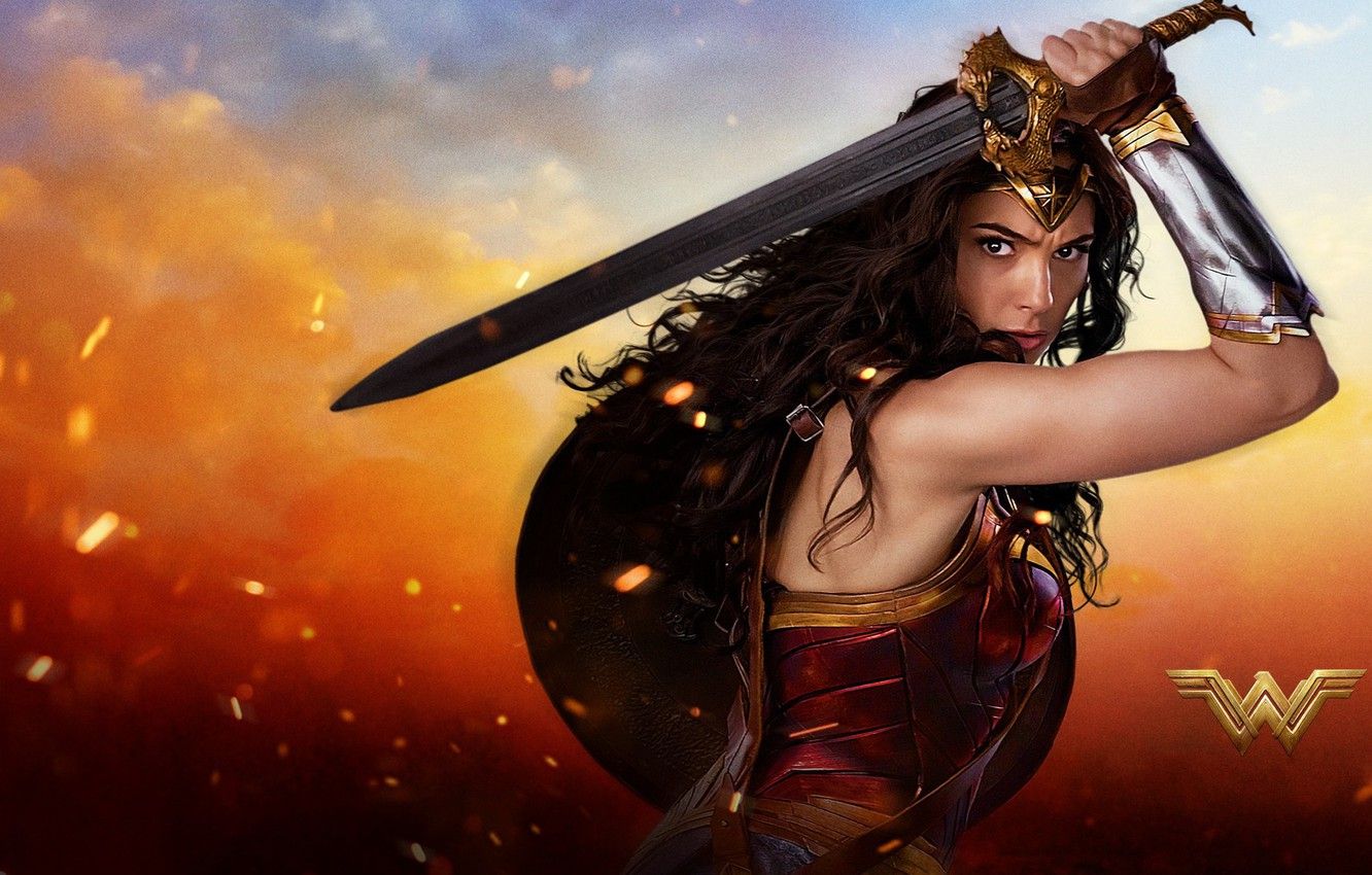 Wallpaper cinema, fire, flame, sword, Wonder Woman, armor, movie
