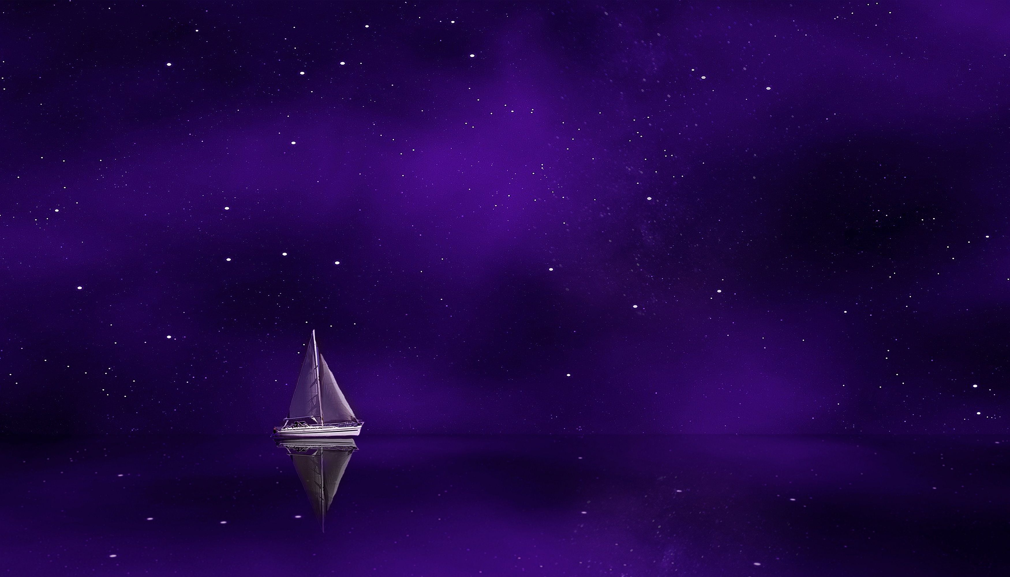 Wallpaper Sailing ship, Starry sky, Purple, Ocean, 4K, Creative