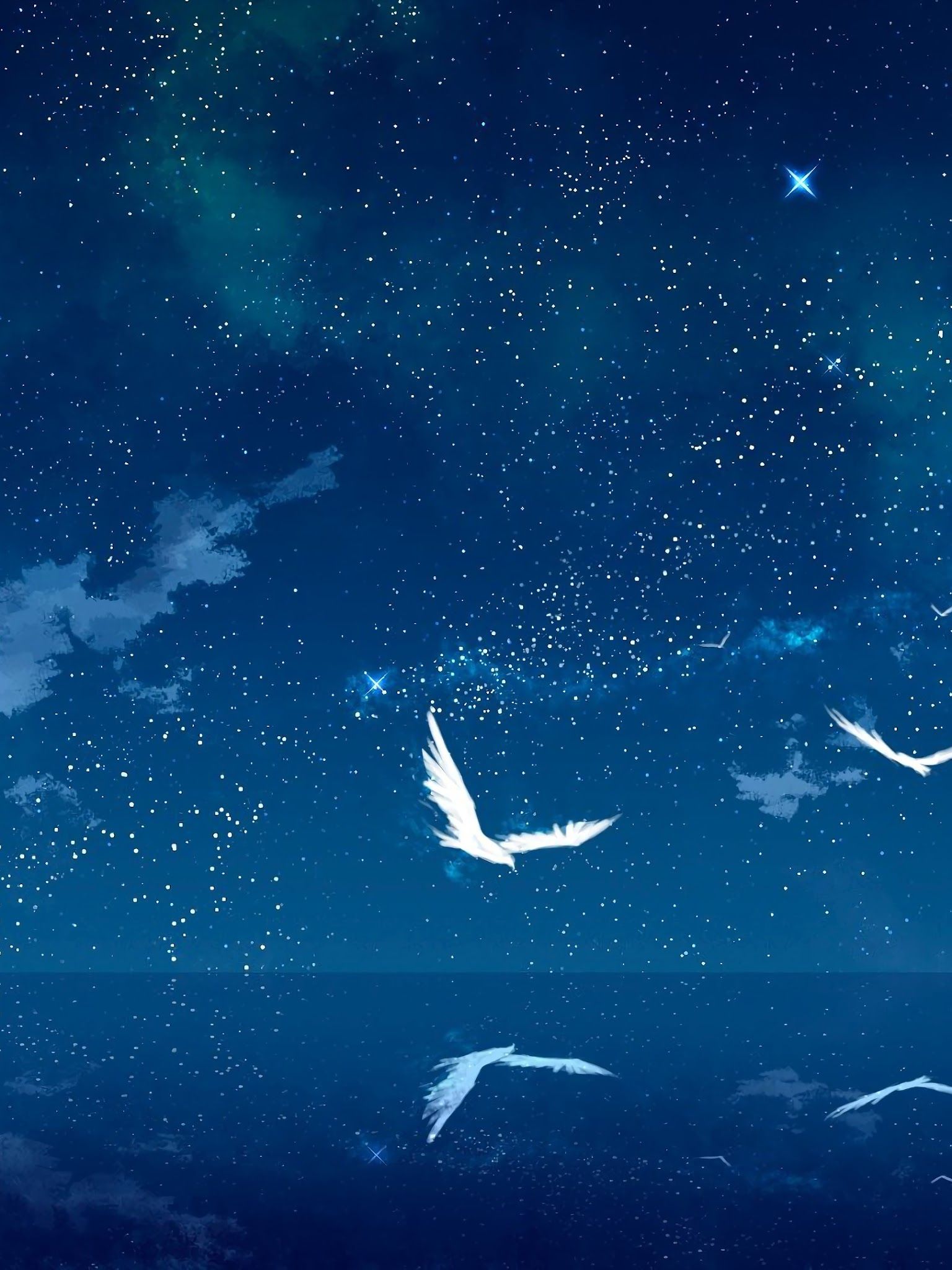 Night Sky Stars Ocean Horizon Scenery Lighthouse Anime 4K
