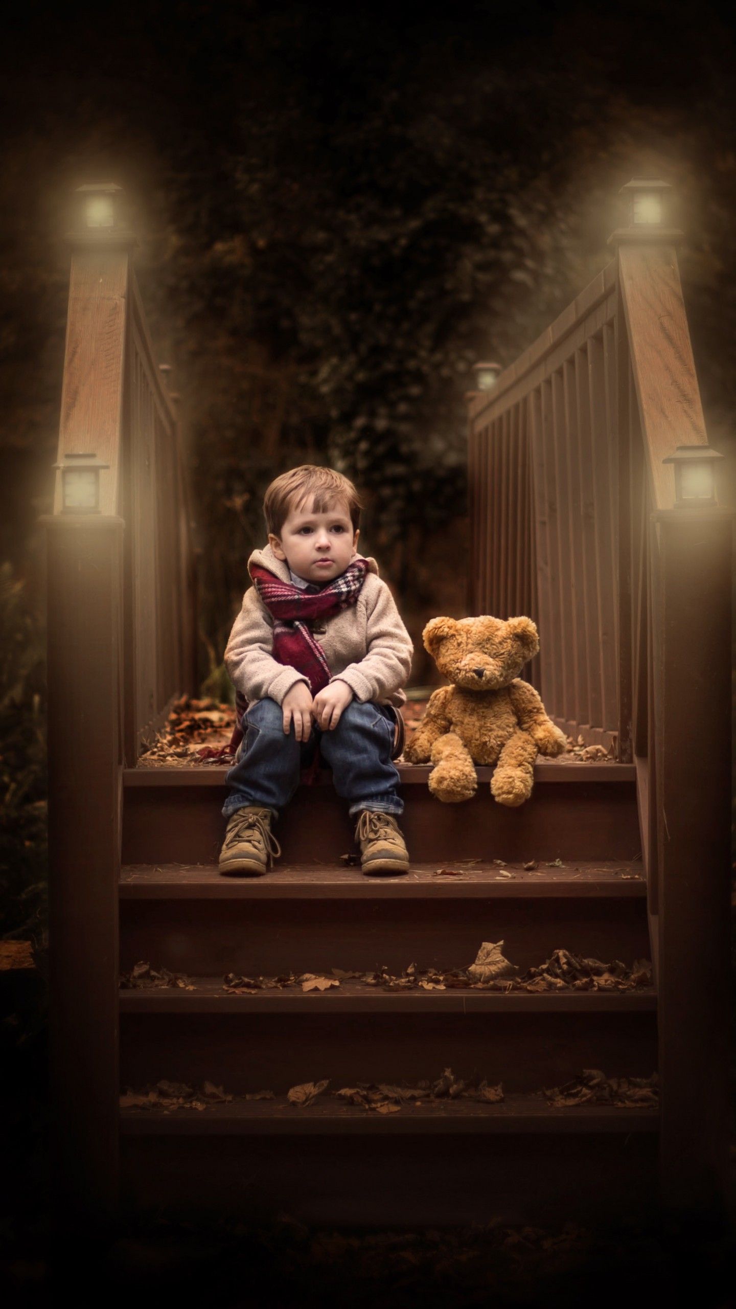 Wallpaper Cute boy, Teddy bear, Wood, Autumn, Foliage, Lights