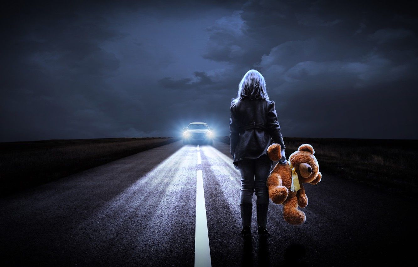 Wallpaper road, machine, girl, night, lights, Teddy bear image