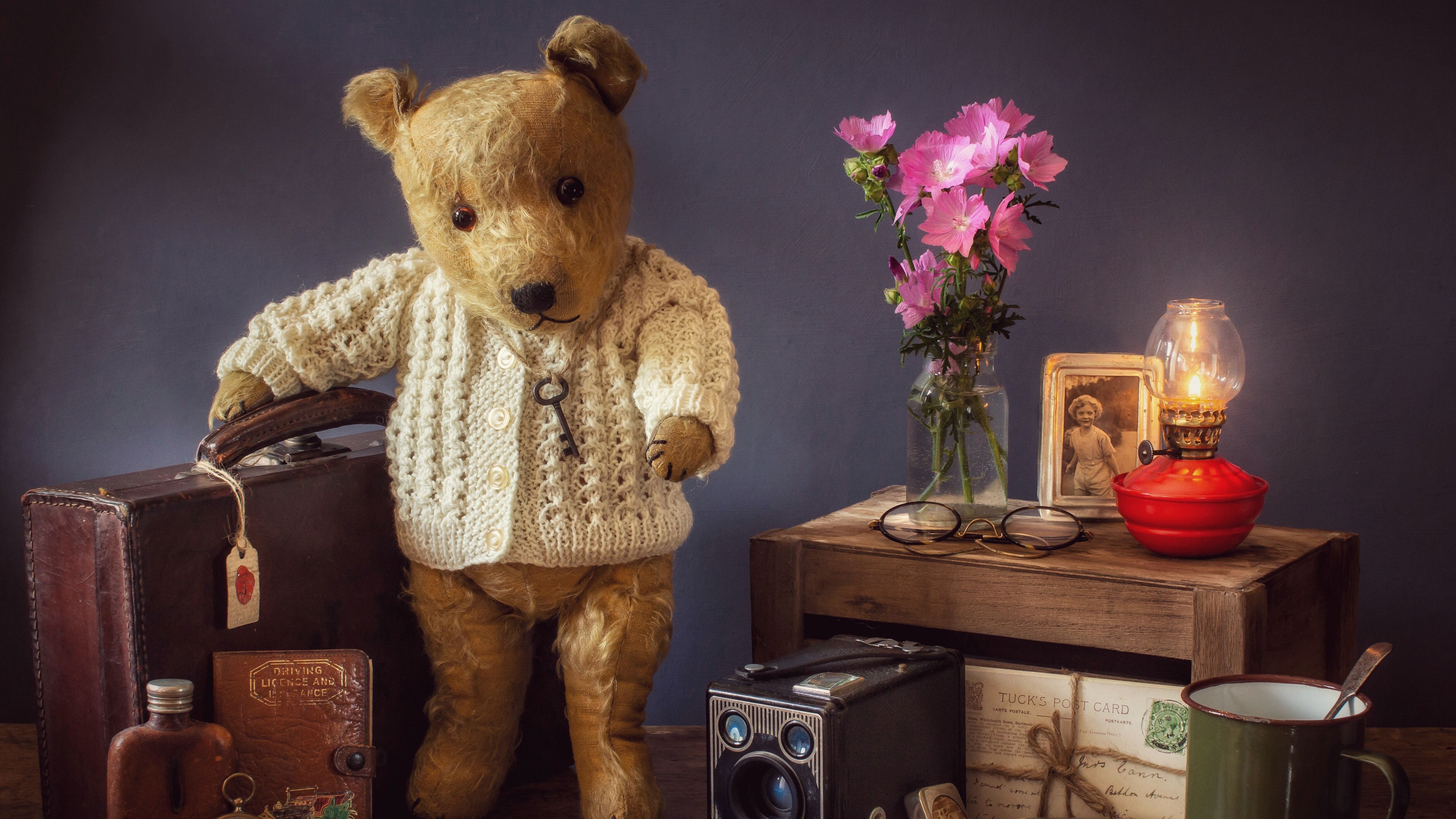 Teddy bear, suitcase, pink flowers, lamp, speaker, still life
