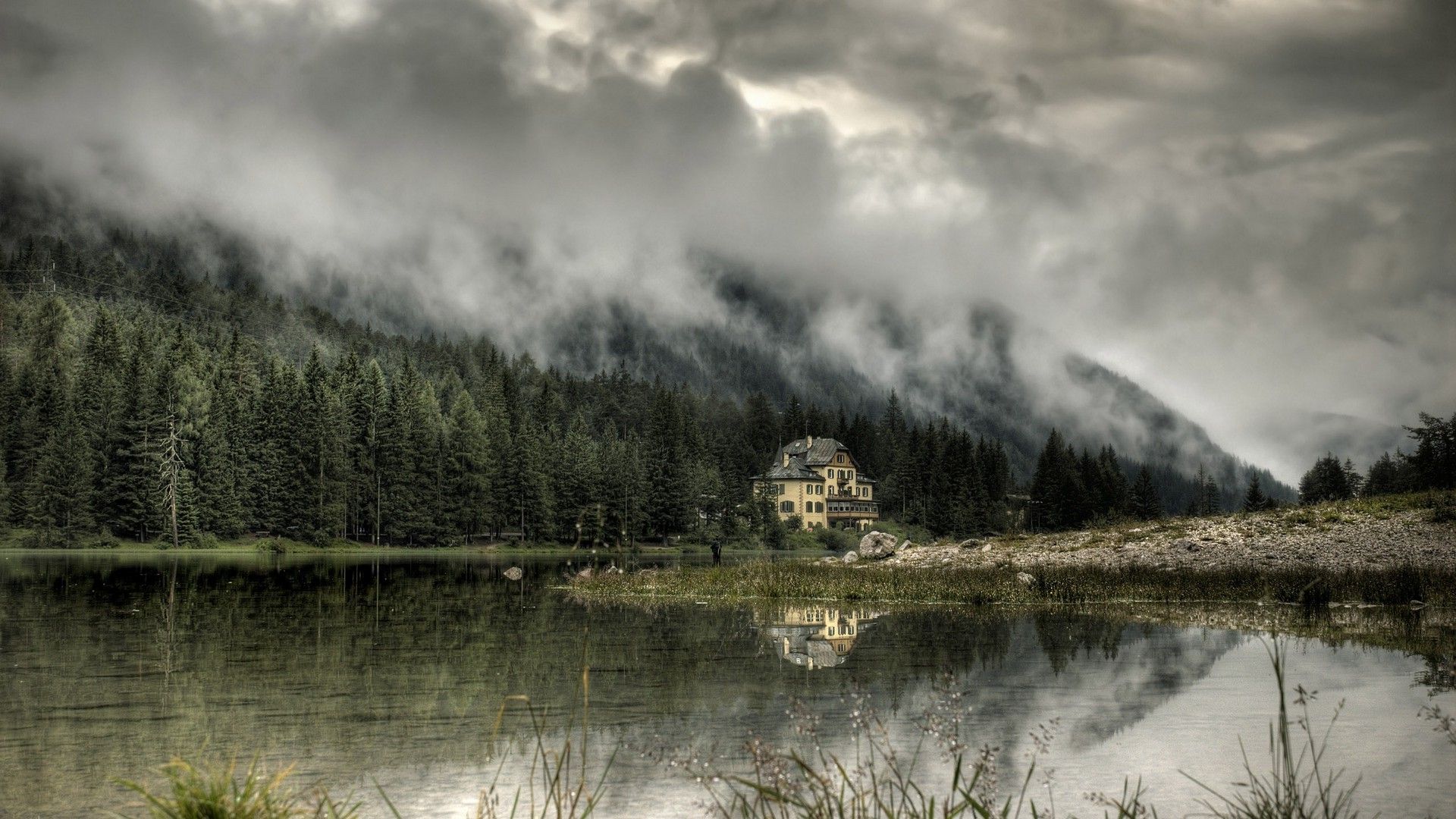 nature, Landscape, Mist, Mountain, Lake, Forest, Trees, House