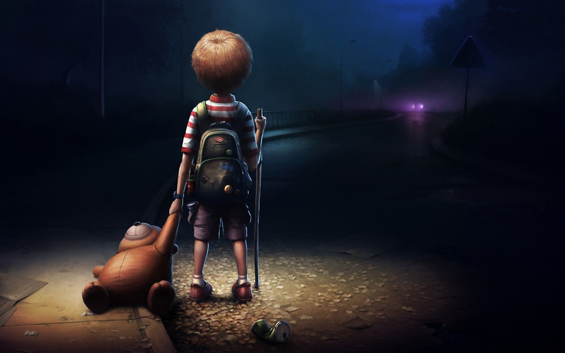 digital Art, Fantasy Art, Children, Teddy Bears, Alone, Sad, Road