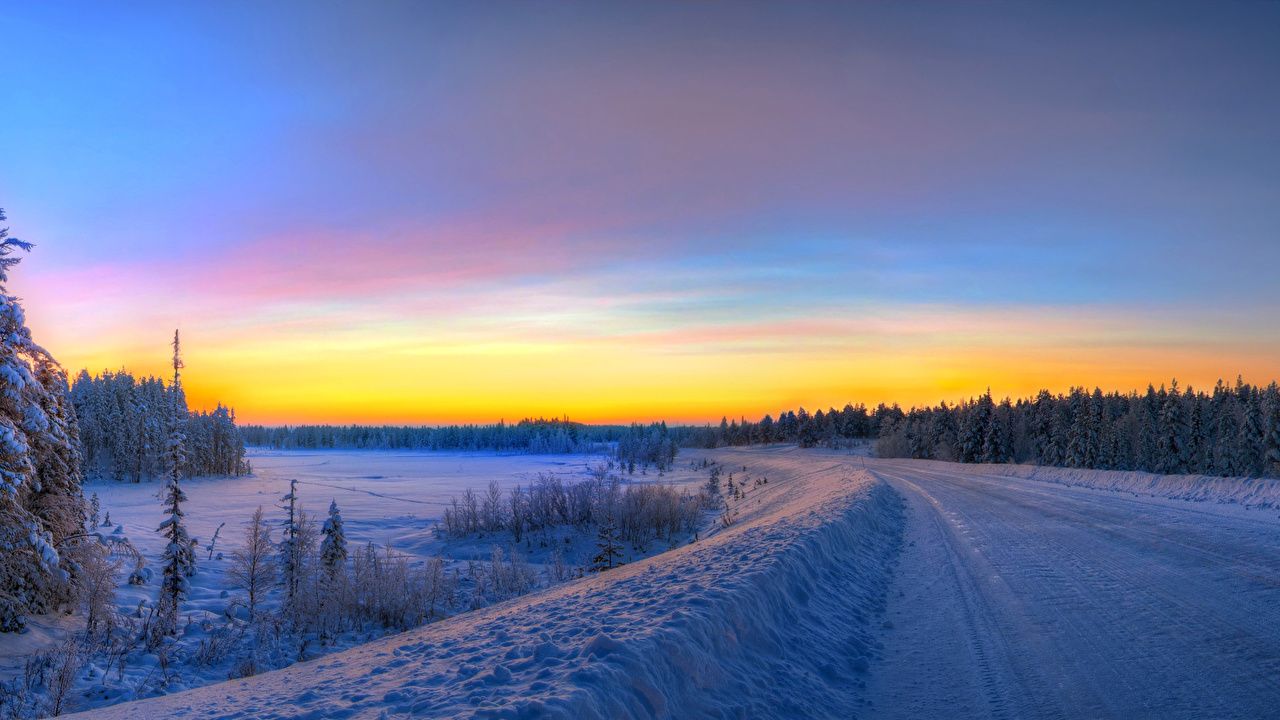 Wallpaper HDRI Nature Winter Snow Roads Sunrises and sunsets