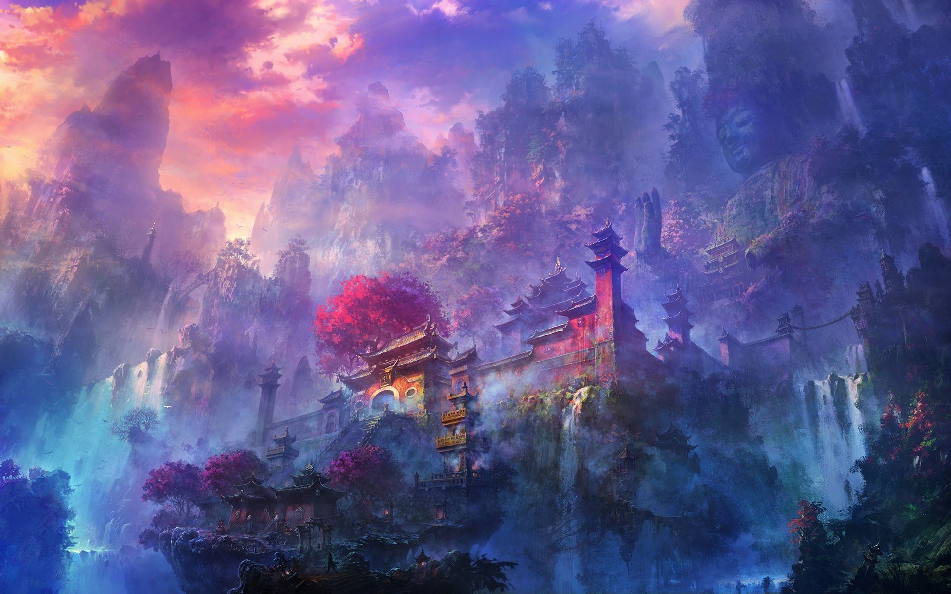 Wallpaper Exquisite watercolors, morning mist mountain temple