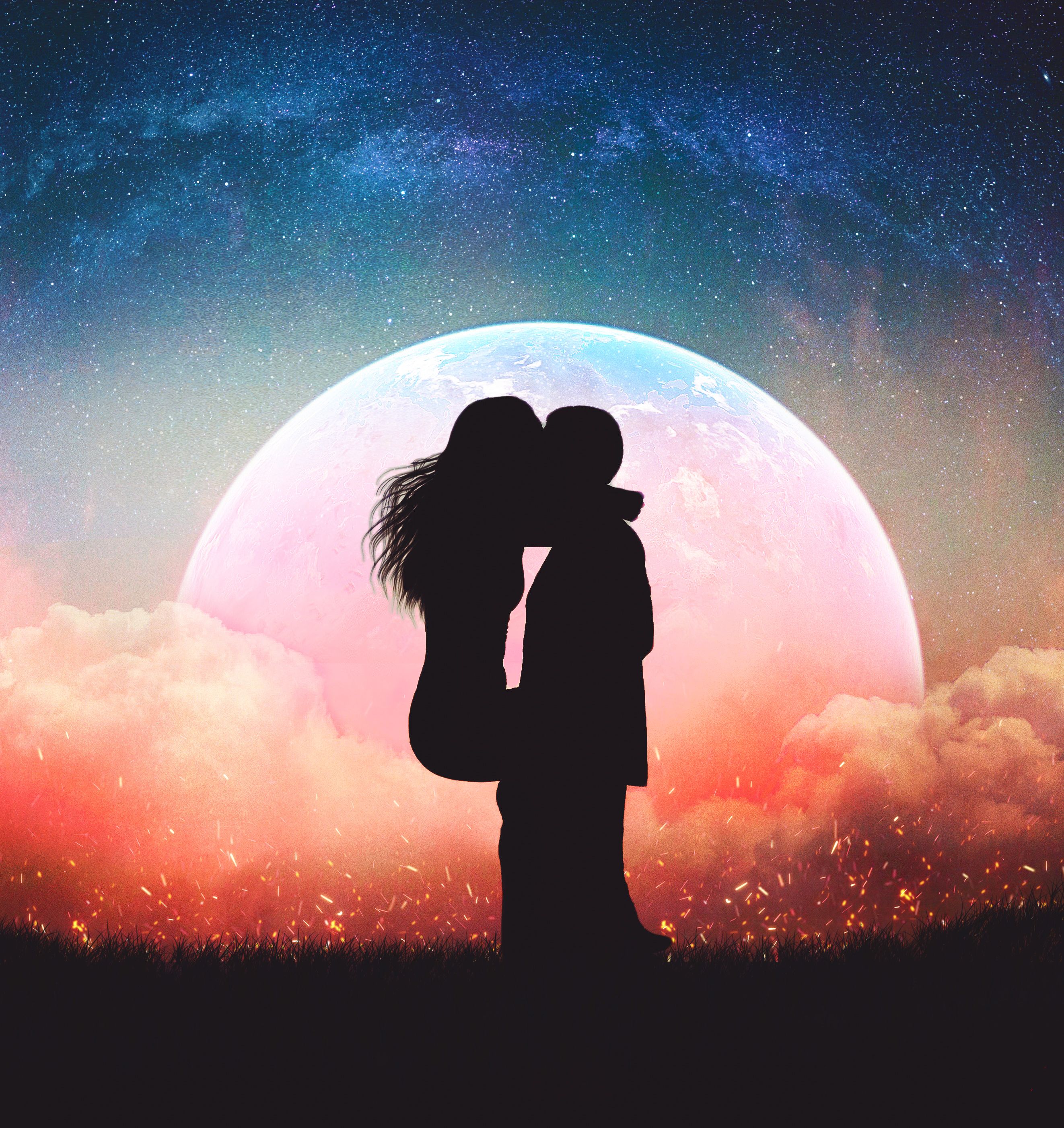 Wallpaper Couple, Lovers, Moon, Silhouette, Romantic, HD, Love