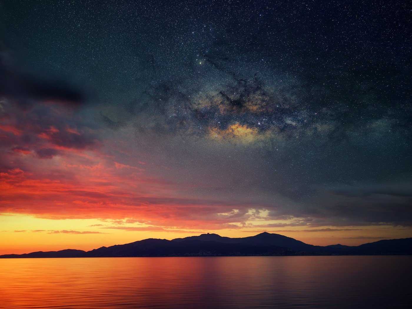 Galaxy Blended Landscape Mountains Sunset HD Wallpaper (1400x1050)