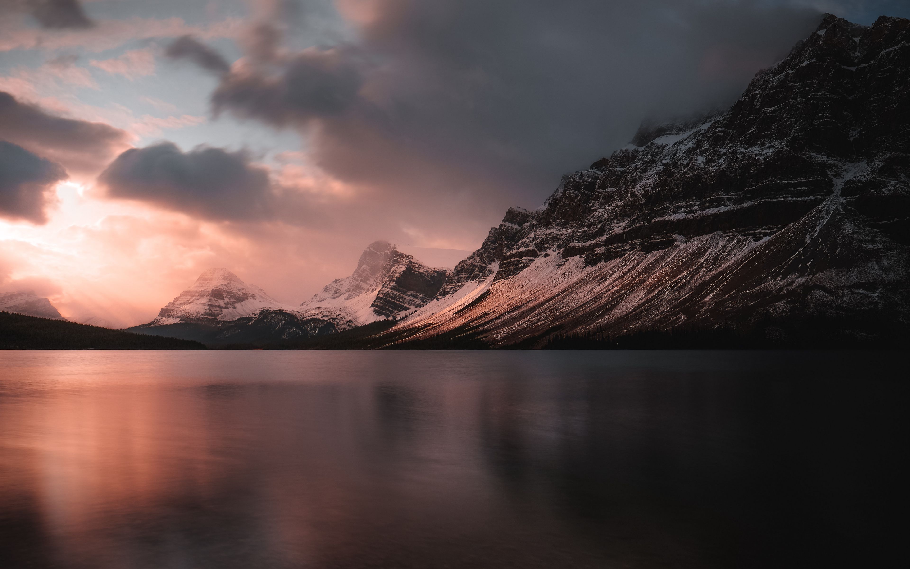 Download wallpaper 3840x2400 lake, mountains, sunset, dusk